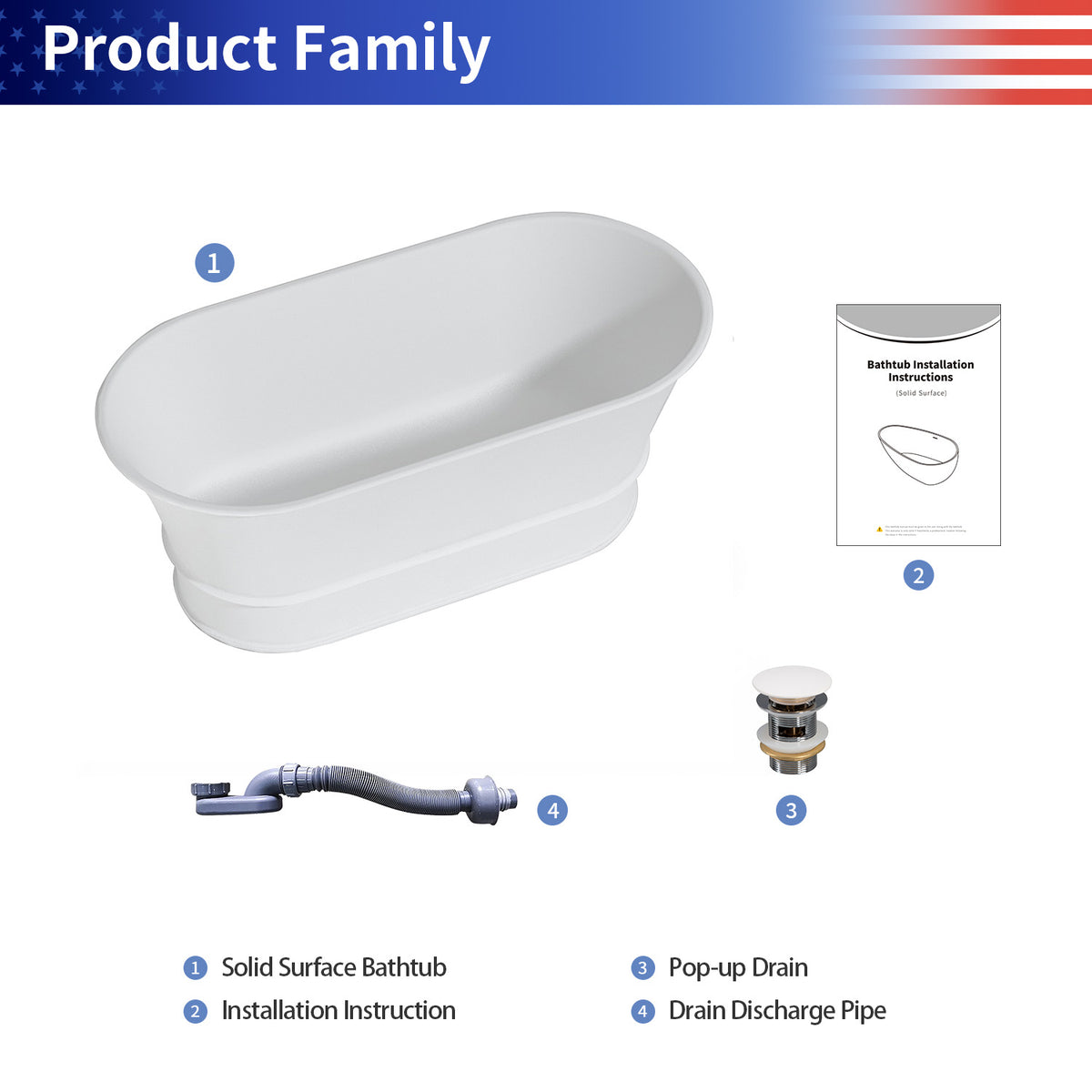67 in. Freestanding Solid Surface Soaking Bathtub, Matte White