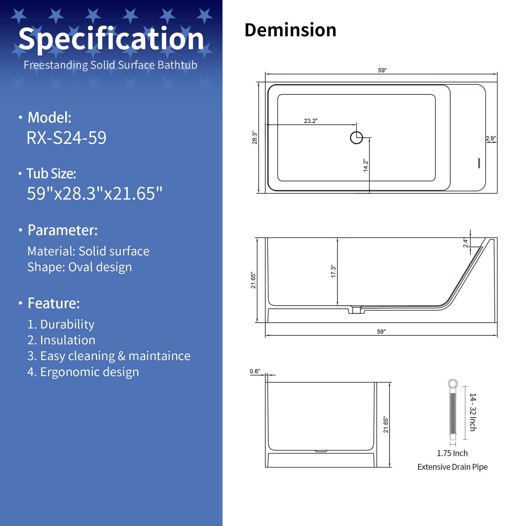 59" Solid Surface Freestanding Soaking Bathtub