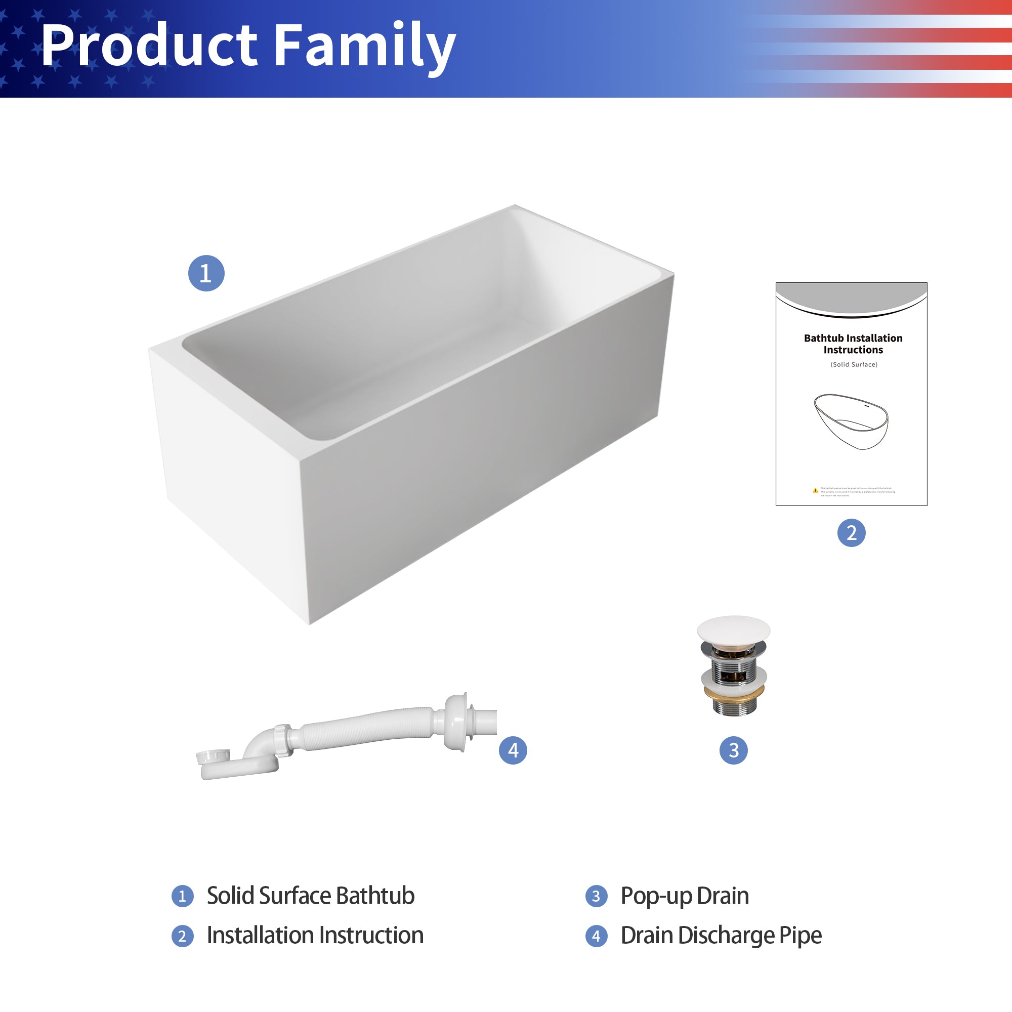 59" Solid Surface Freestanding Soaking Bathtub