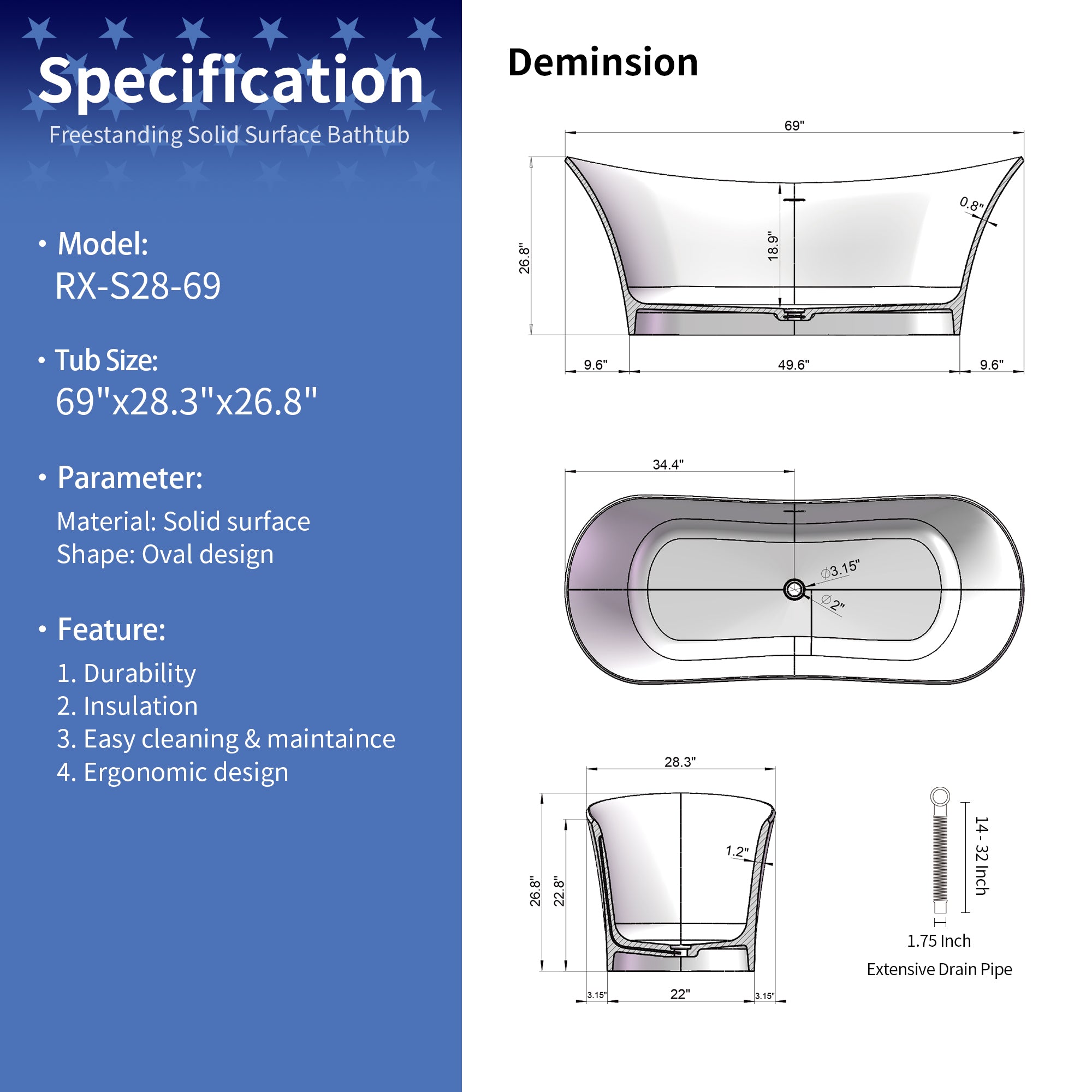 69" Solid Surface Freestanding Soaking Bathtub