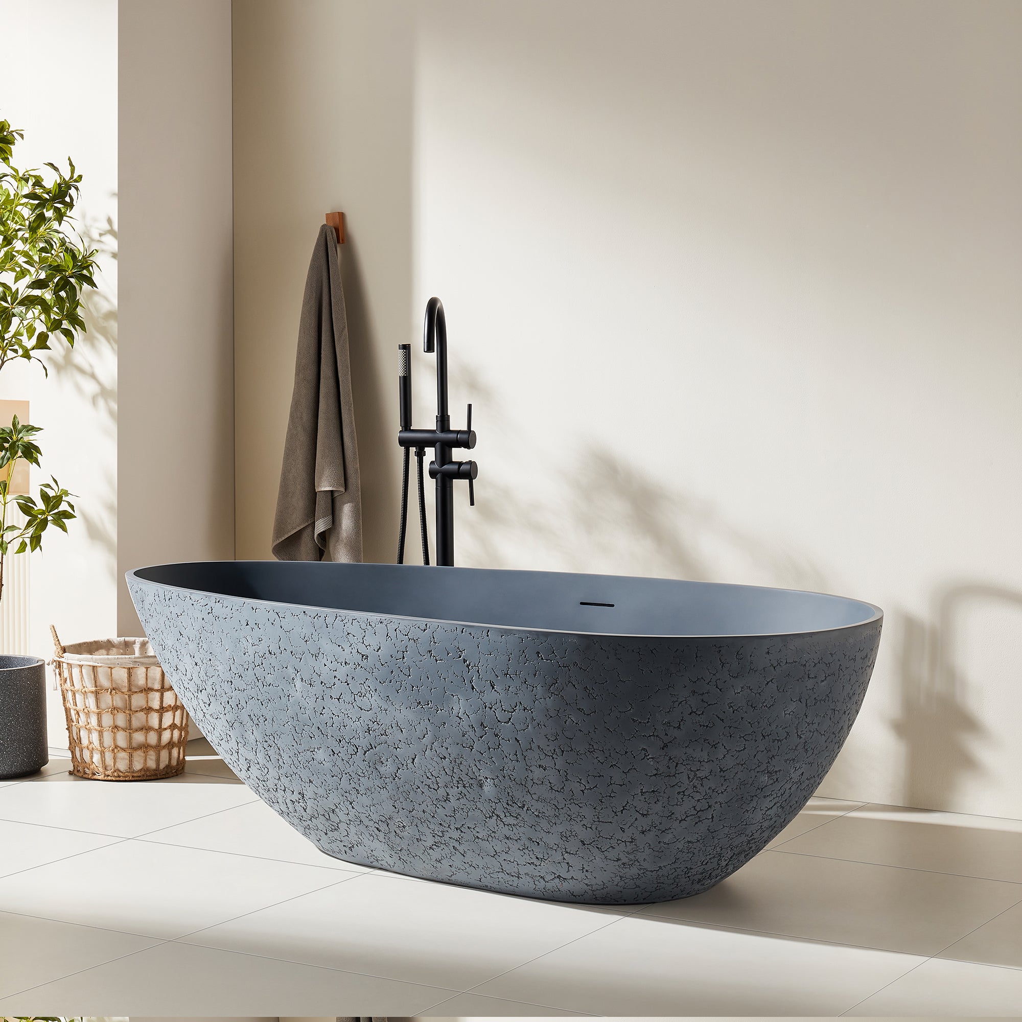 Rainlex 67" Egg-Shaped Cement-Textured Stone Resin Freestanding Bathtub