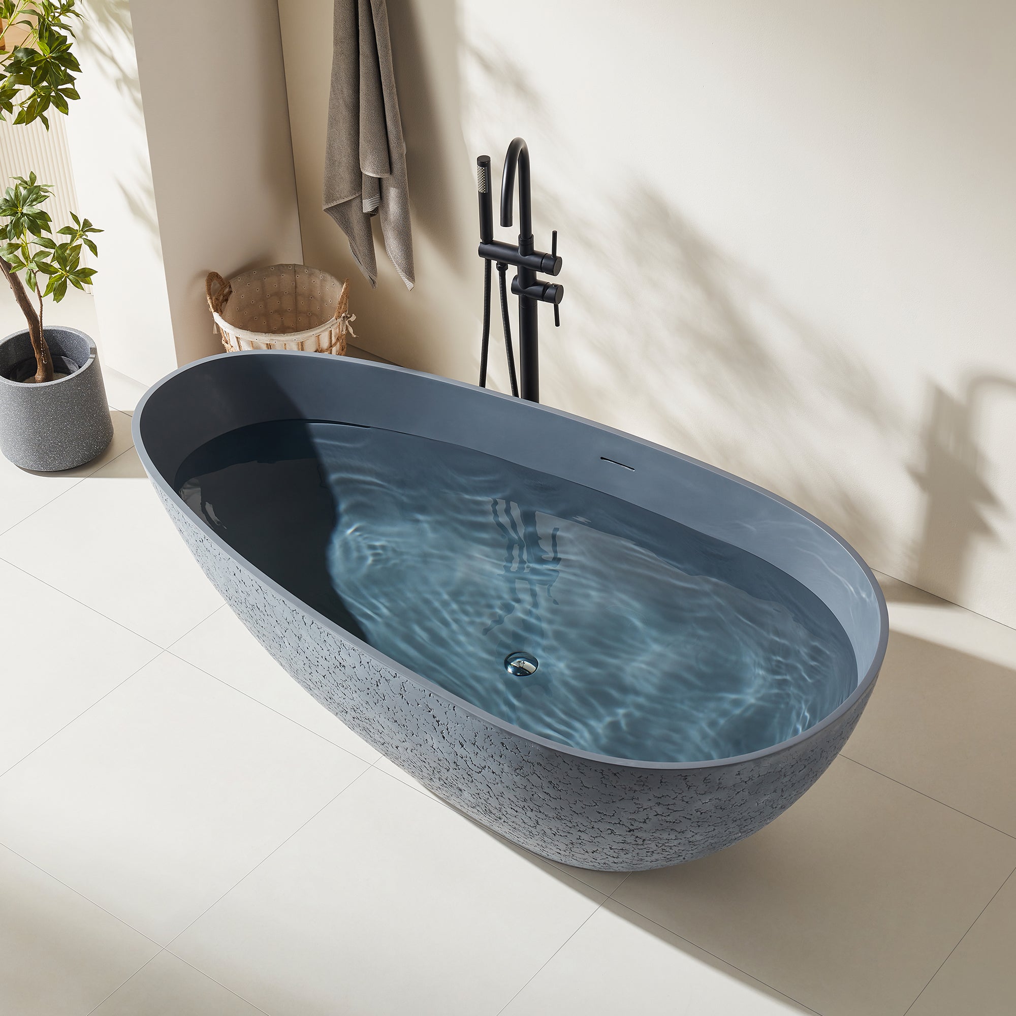 Rainlex 67" Egg-Shaped Cement-Textured Stone Resin Freestanding Bathtub