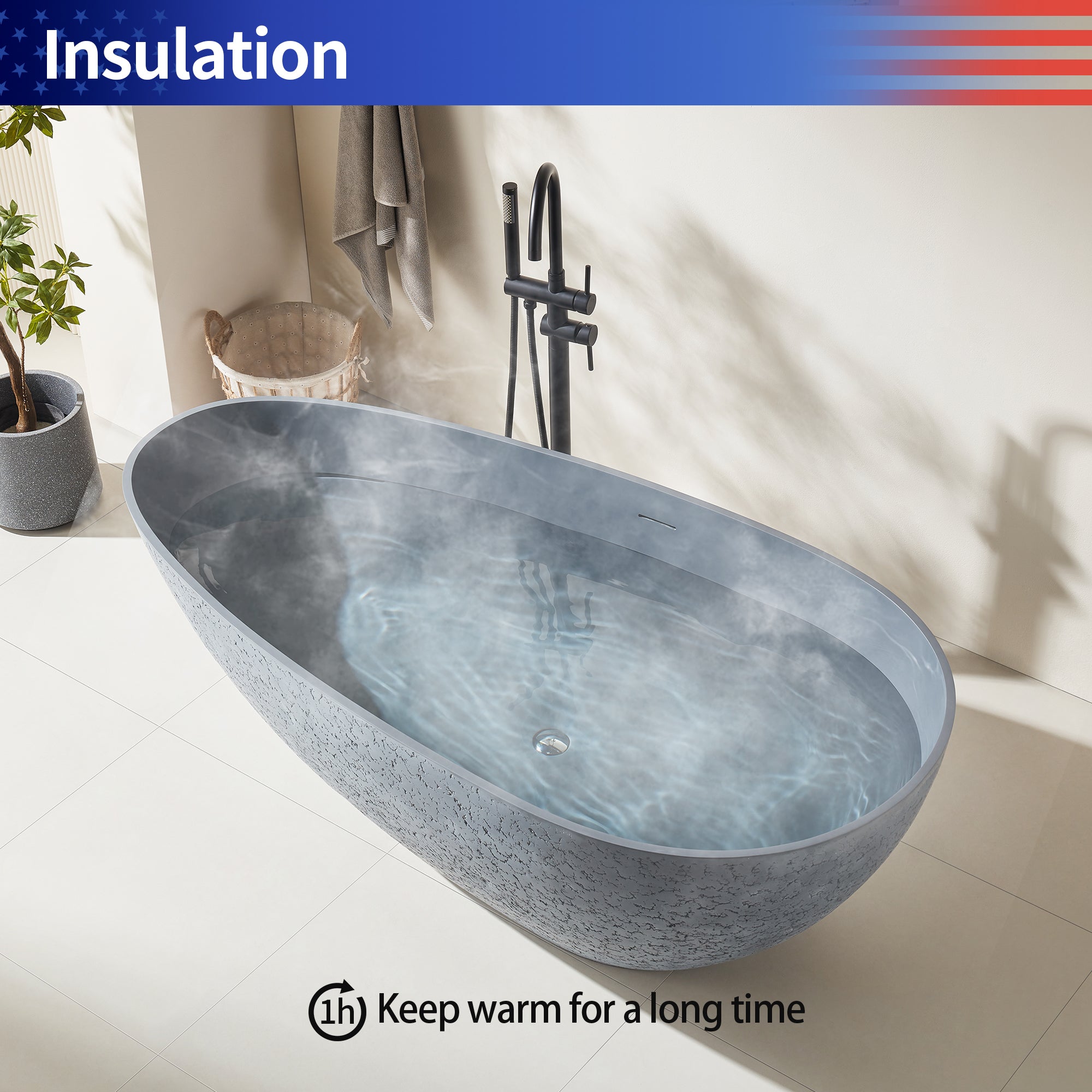 Rainlex 67" Egg-Shaped Cement-Textured Stone Resin Freestanding Bathtub