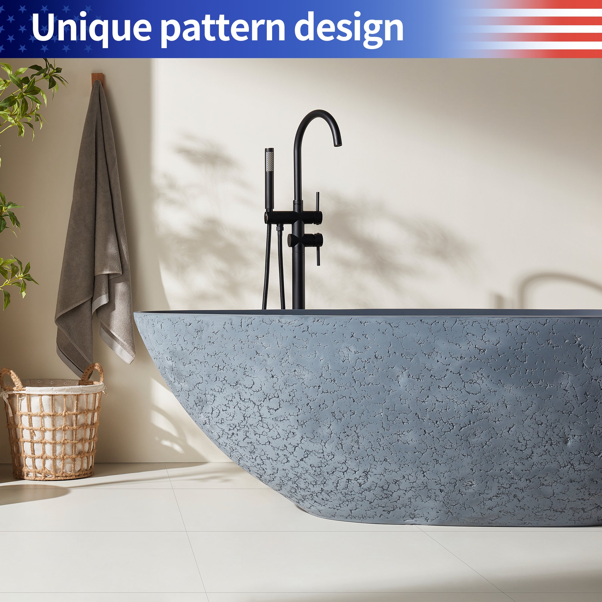 Rainlex 67" Egg-Shaped Cement-Textured Stone Resin Freestanding Bathtub