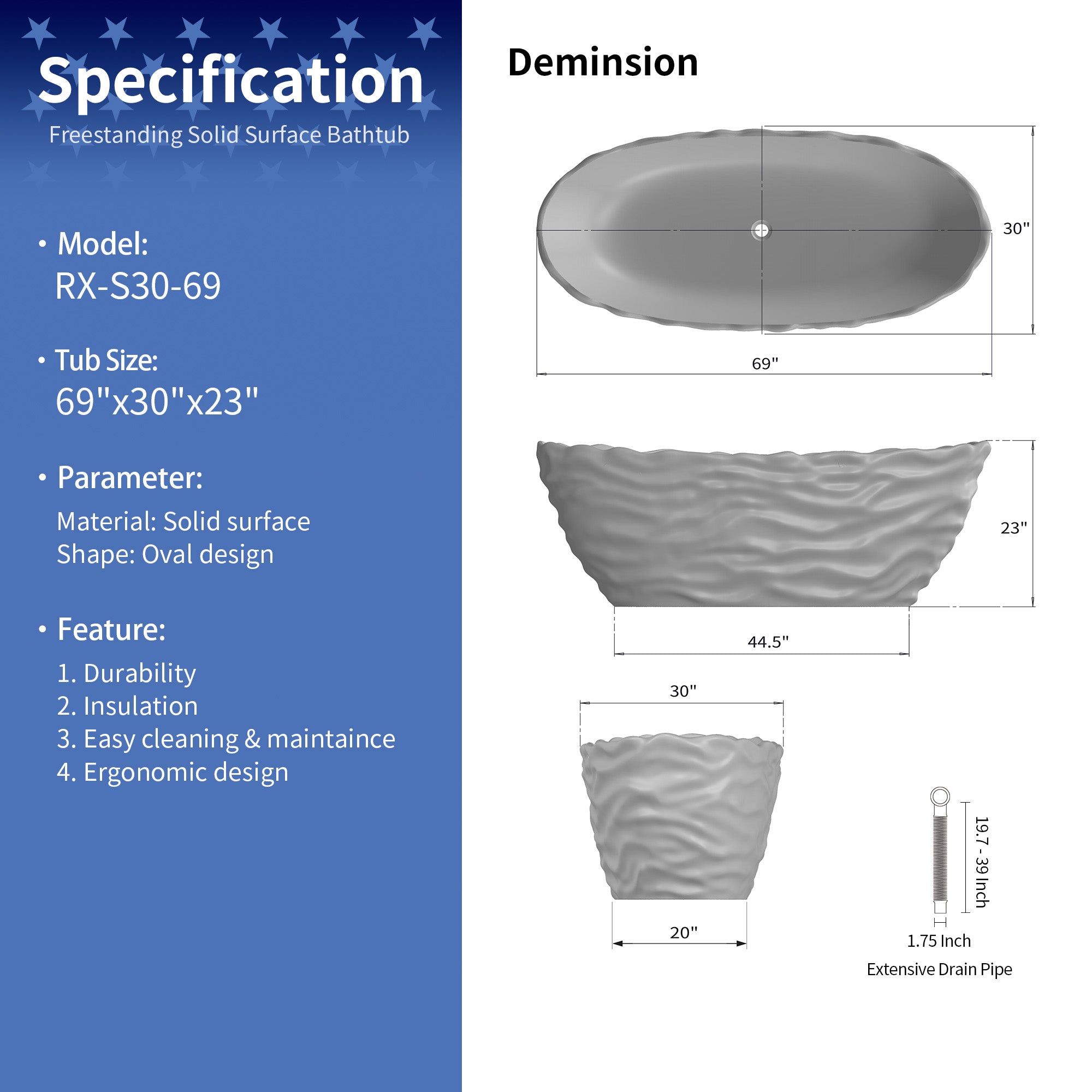Rainlex 69" Transparent Stone Resin Freestanding Soaking Bathtub