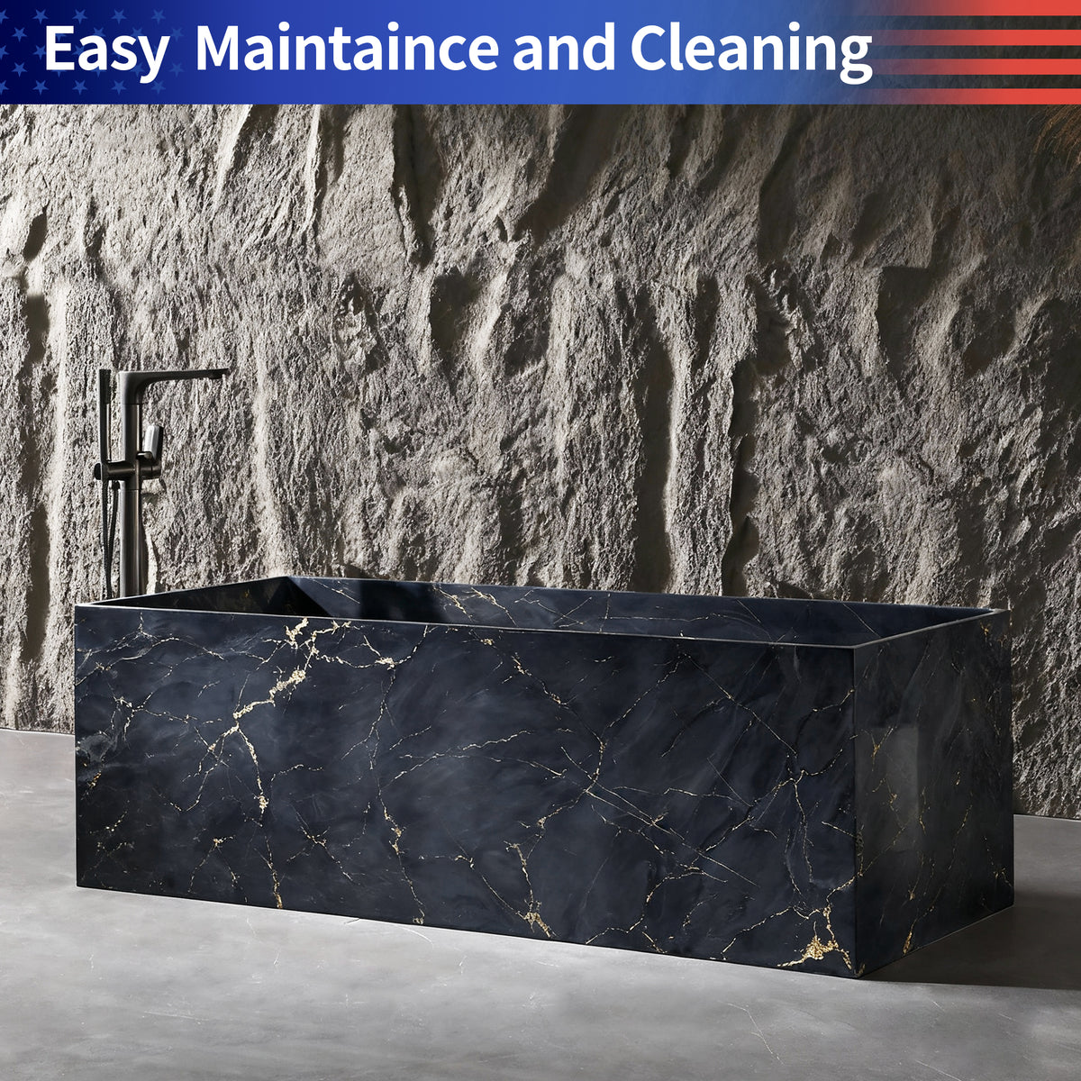 RAINLEX 67 in. Freestanding Solid Surface Bathtub, Ink-Wash Marble Finish