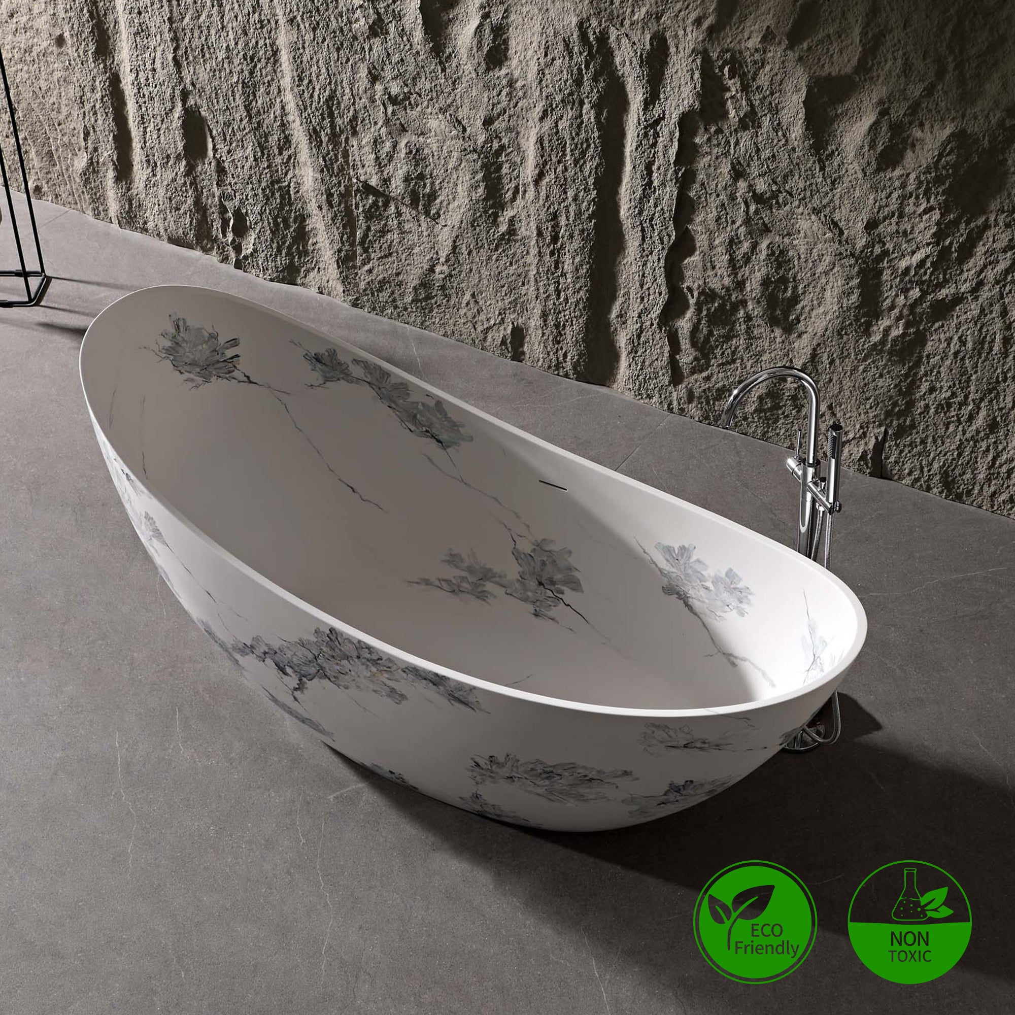Rainlex 74" Matte Black Solid Surface Freestanding Bathtub with Gold Veining