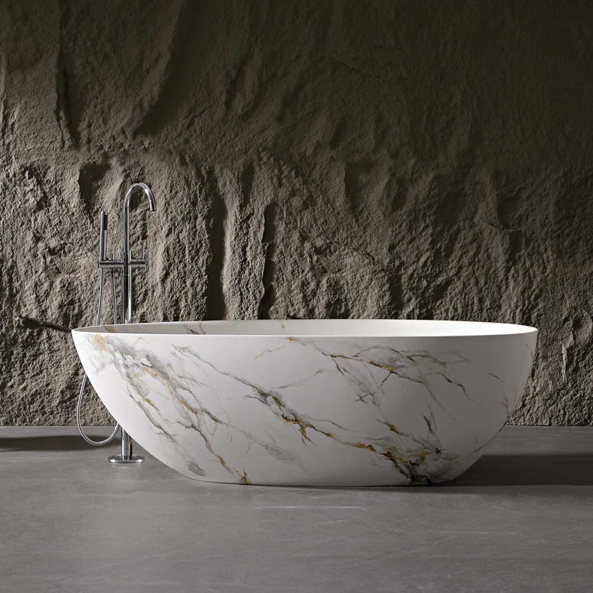 Rainlex 67" Matte White Solid Surface Freestanding Bathtub with Black & Gold Veining