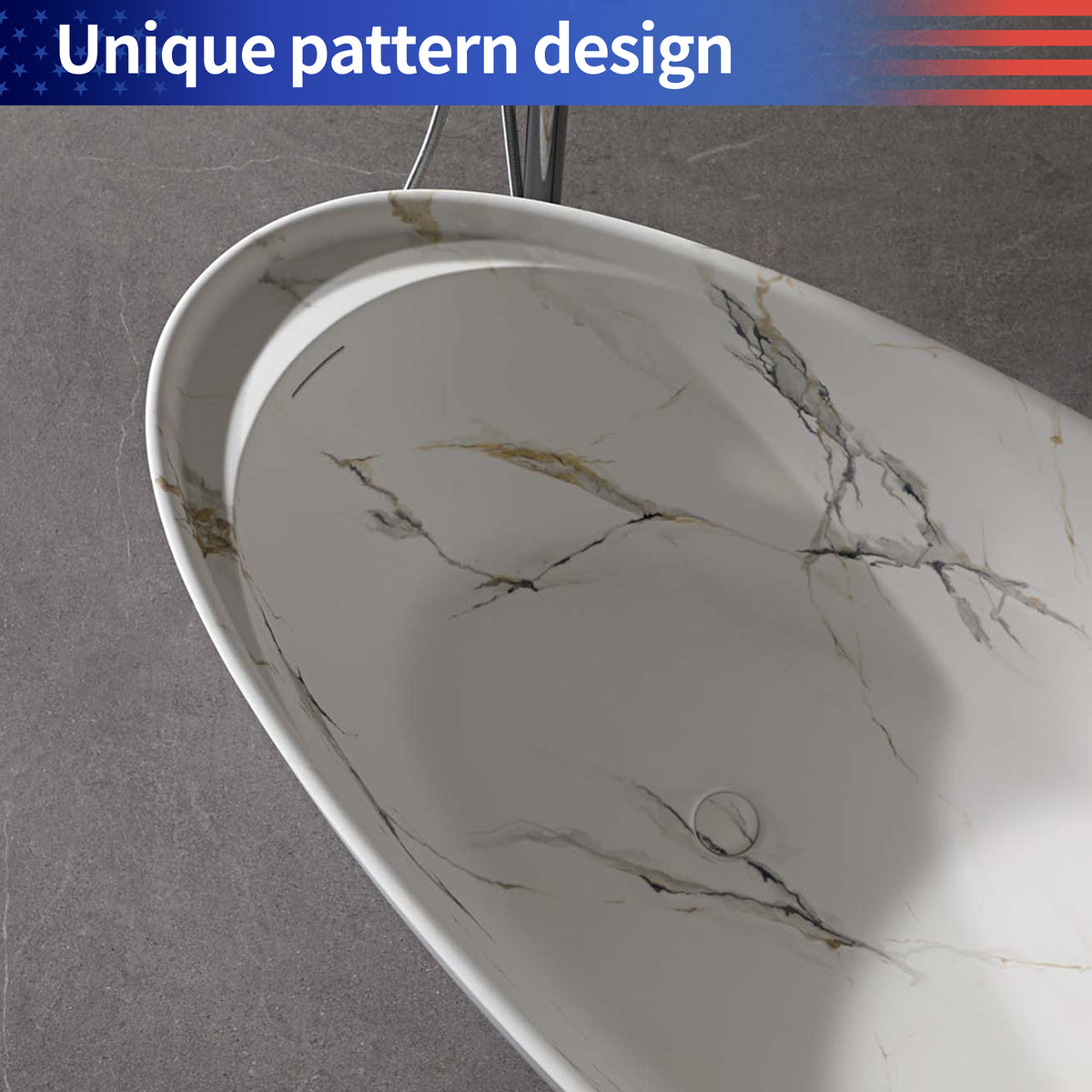 RAINLEX 67 in. Freestanding Solid Surface Bathtub with Black & Gold Veining in Matte White