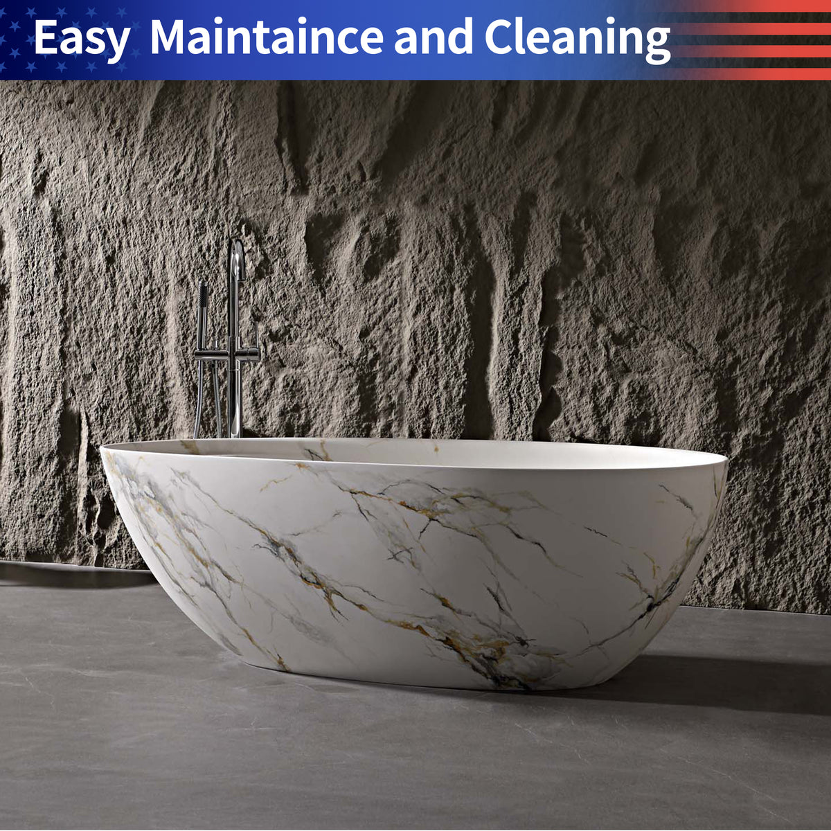 RAINLEX 67 in. Freestanding Solid Surface Bathtub with Black & Gold Veining in Matte White