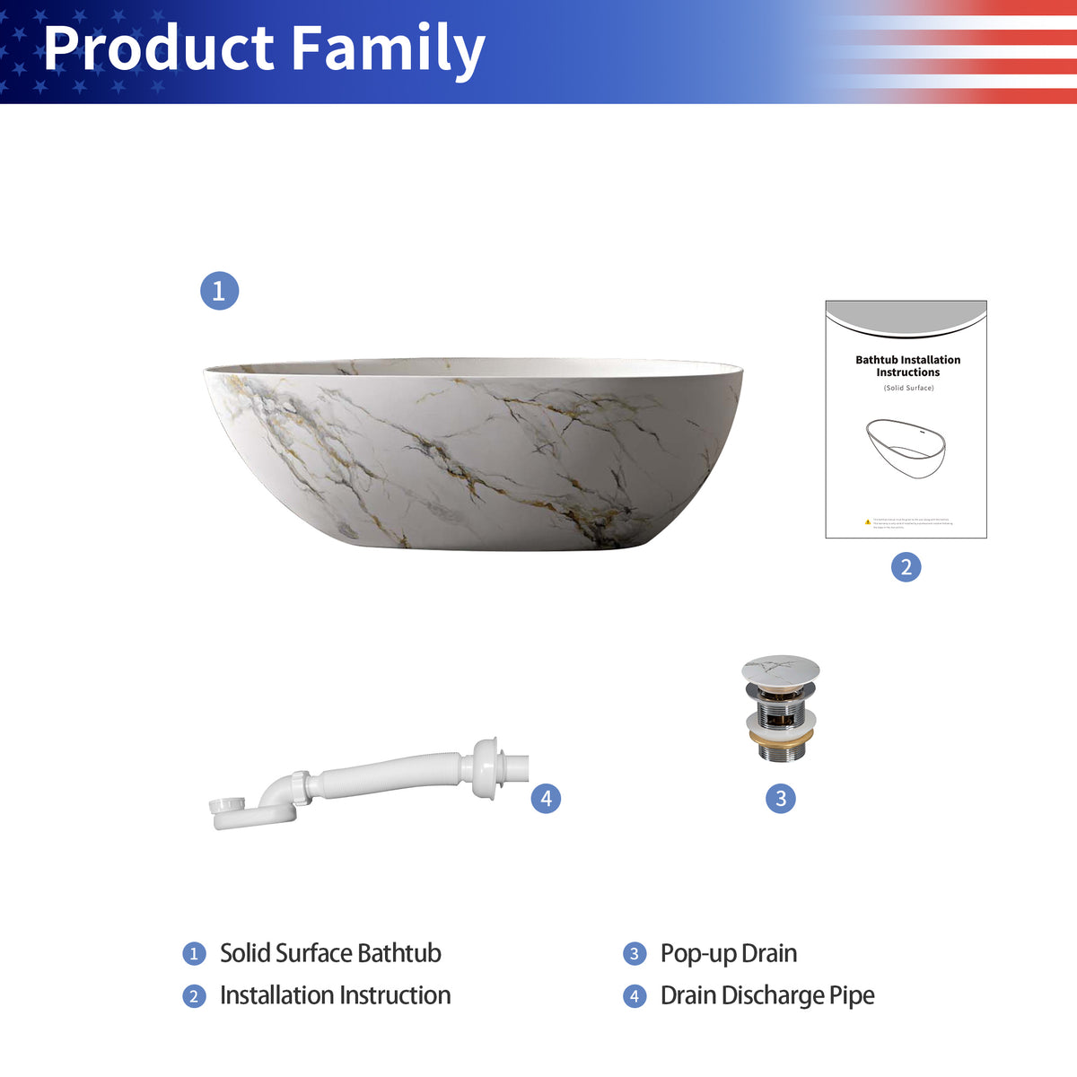 RAINLEX 67 in. Freestanding Solid Surface Bathtub with Black & Gold Veining in Matte White