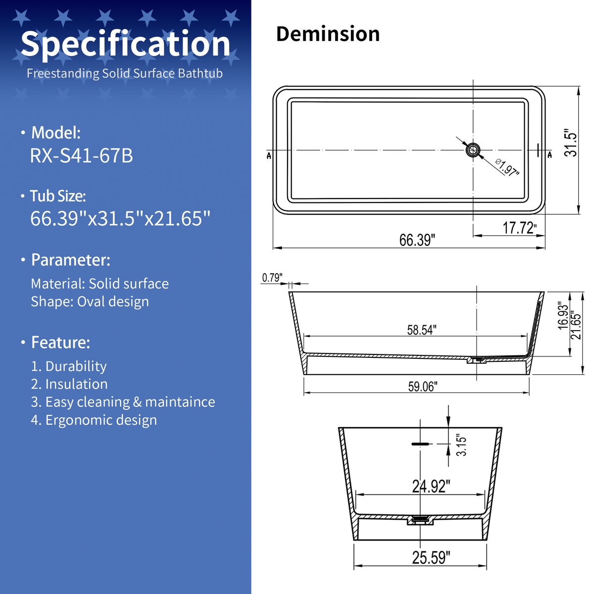 67" Matte Black Solid Surface Freestanding Soaking Bathtub