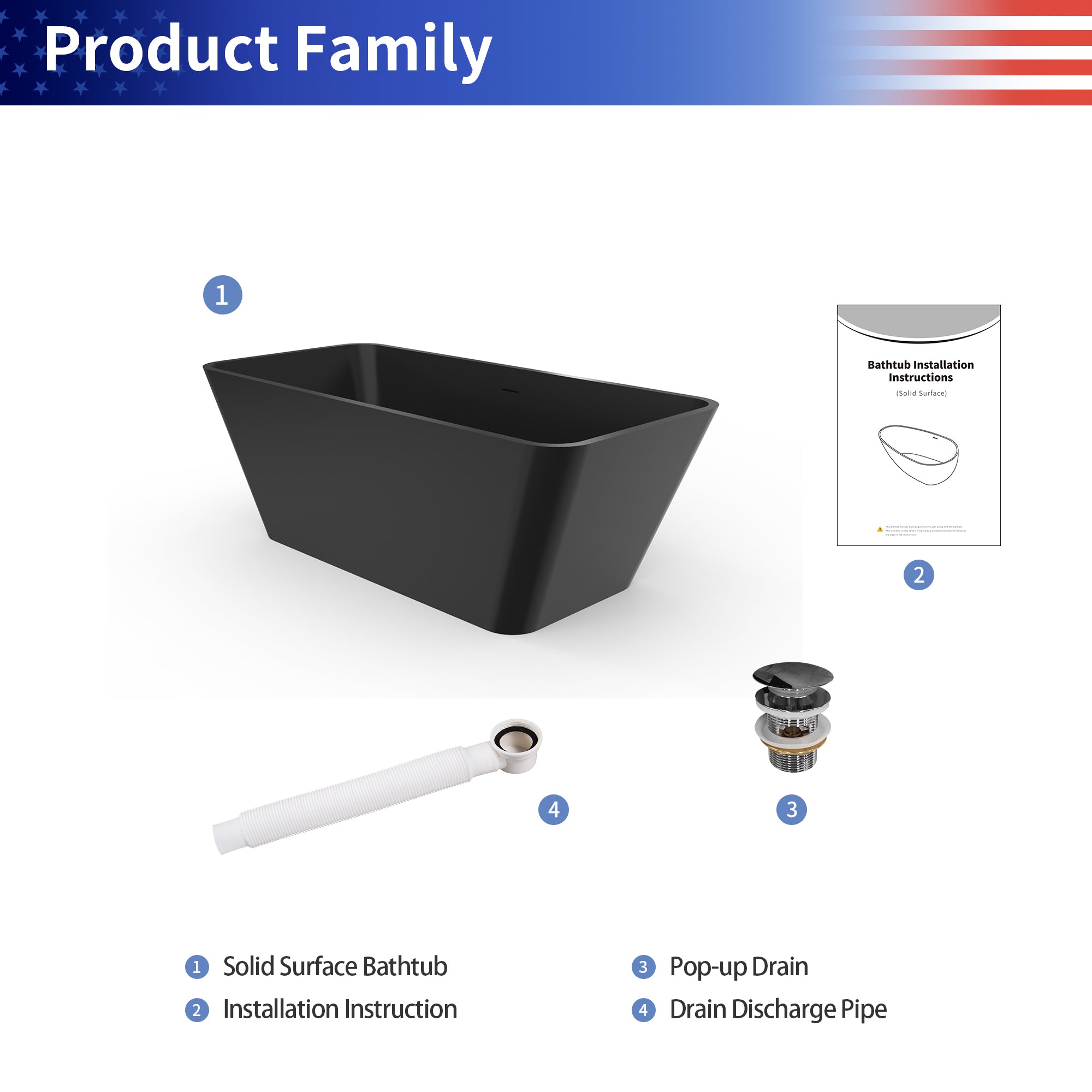 67" Matte Black Solid Surface Freestanding Soaking Bathtub
