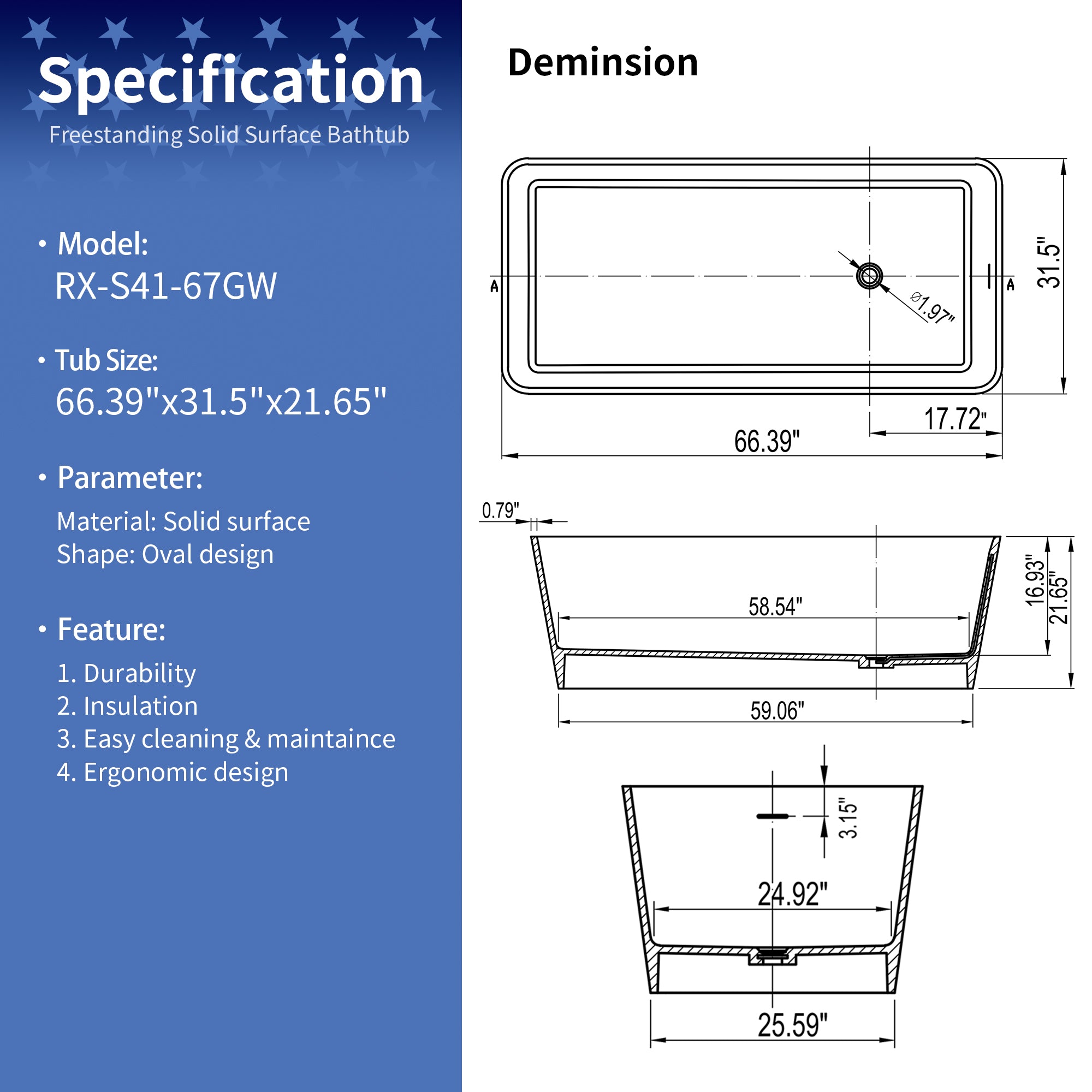 67" Solid Surface Freestanding Soaking Bathtub