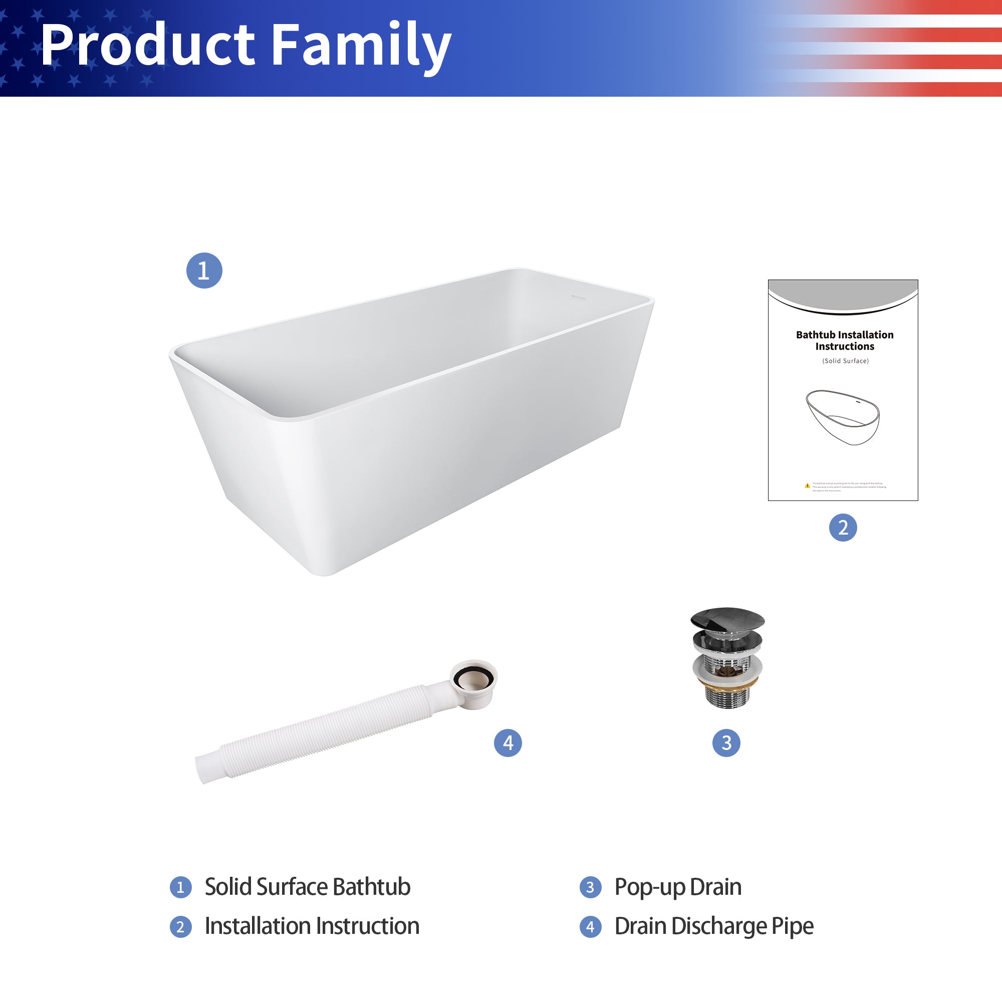 67" Solid Surface Freestanding Soaking Bathtub