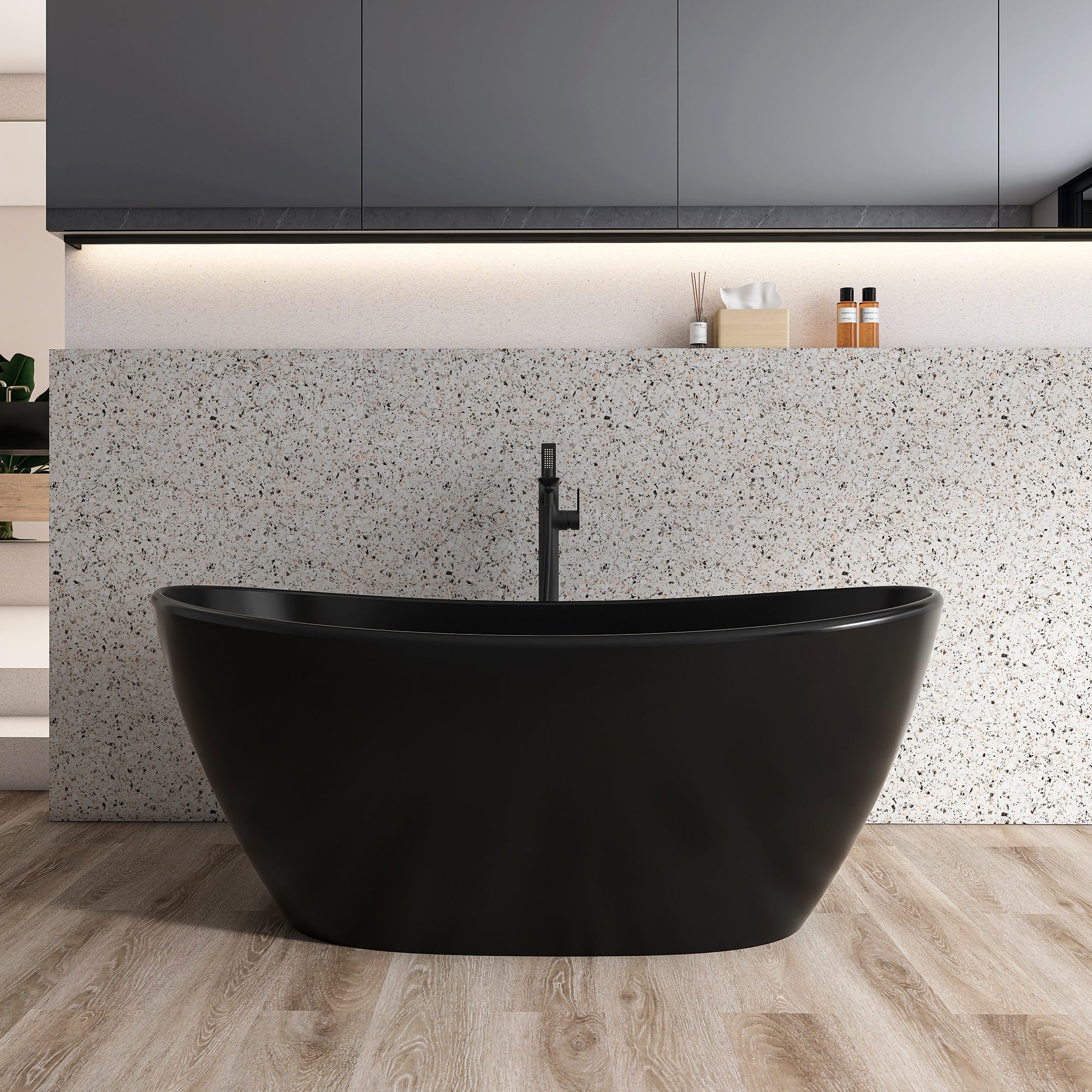 61 in. Oval Solid Surface Freestanding Soaking Bathtub, Stone Resin Deep Soaking Tub with Center Drain