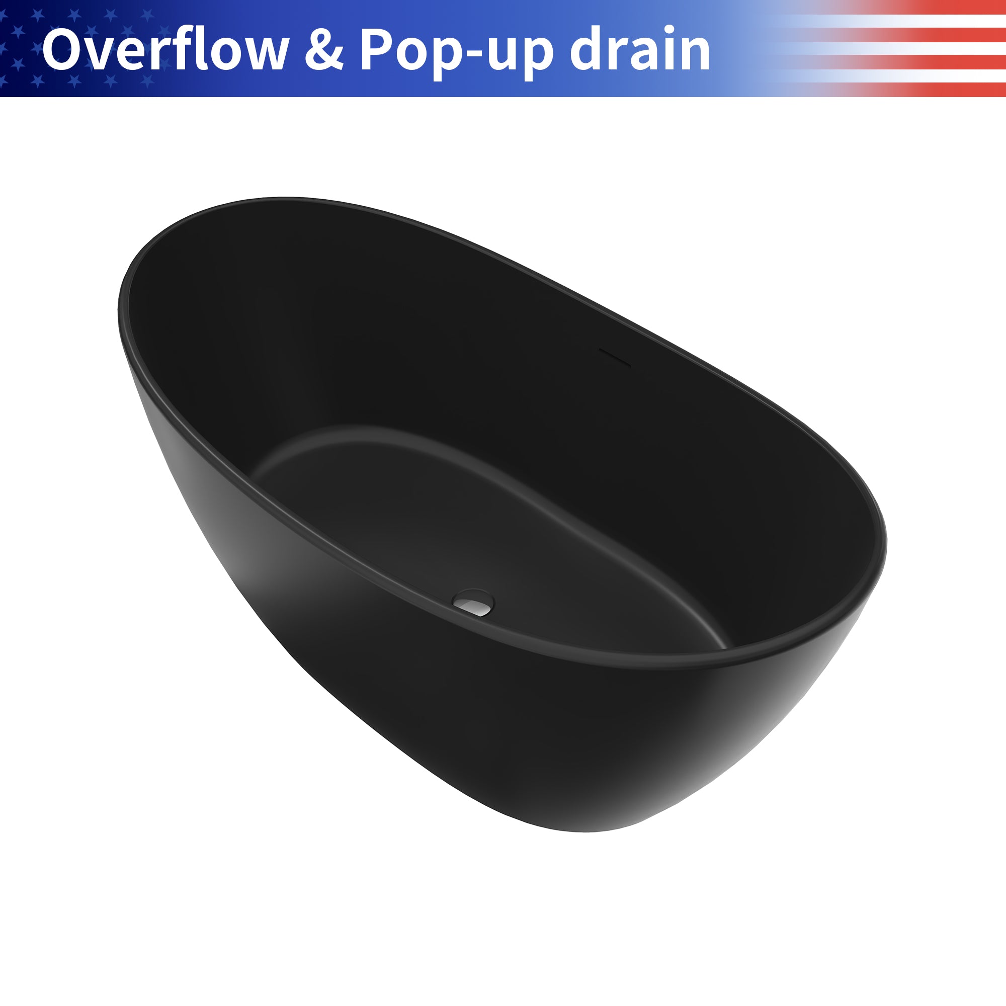61 in. Oval Solid Surface Freestanding Soaking Bathtub, Stone Resin Deep Soaking Tub with Center Drain