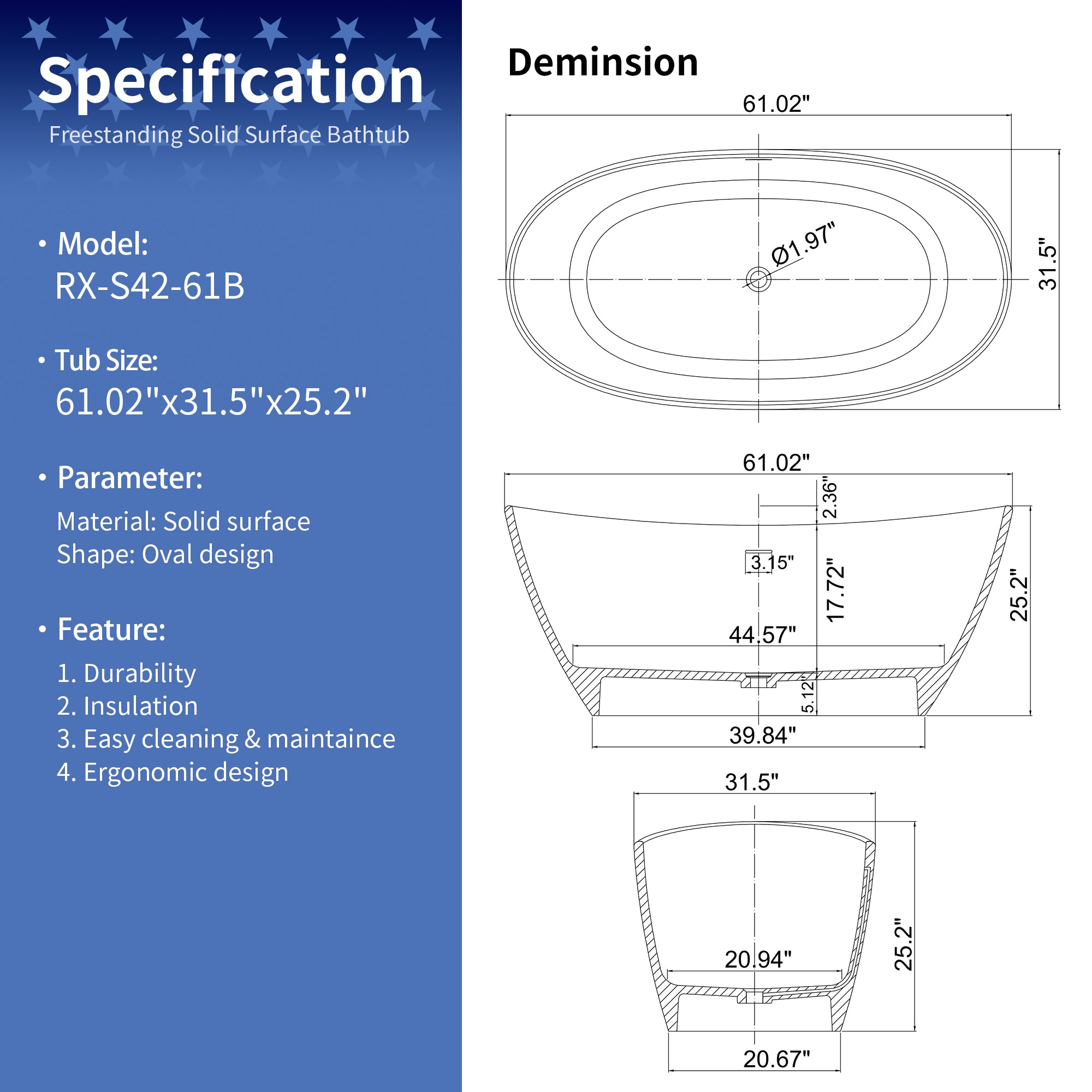 61 in. Oval Solid Surface Freestanding Soaking Bathtub, Stone Resin Deep Soaking Tub with Center Drain