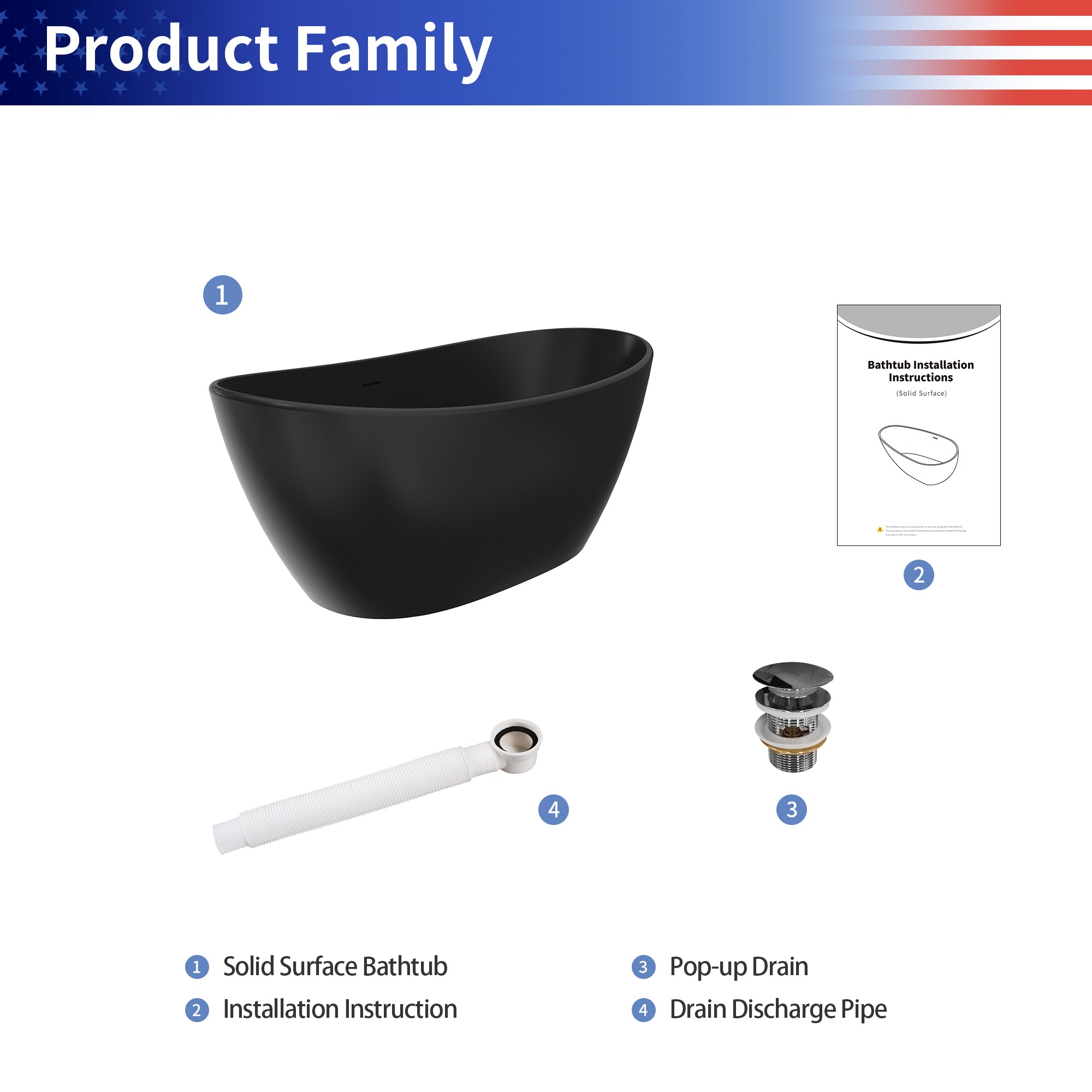 61 in. Oval Solid Surface Freestanding Soaking Bathtub, Stone Resin Deep Soaking Tub with Center Drain