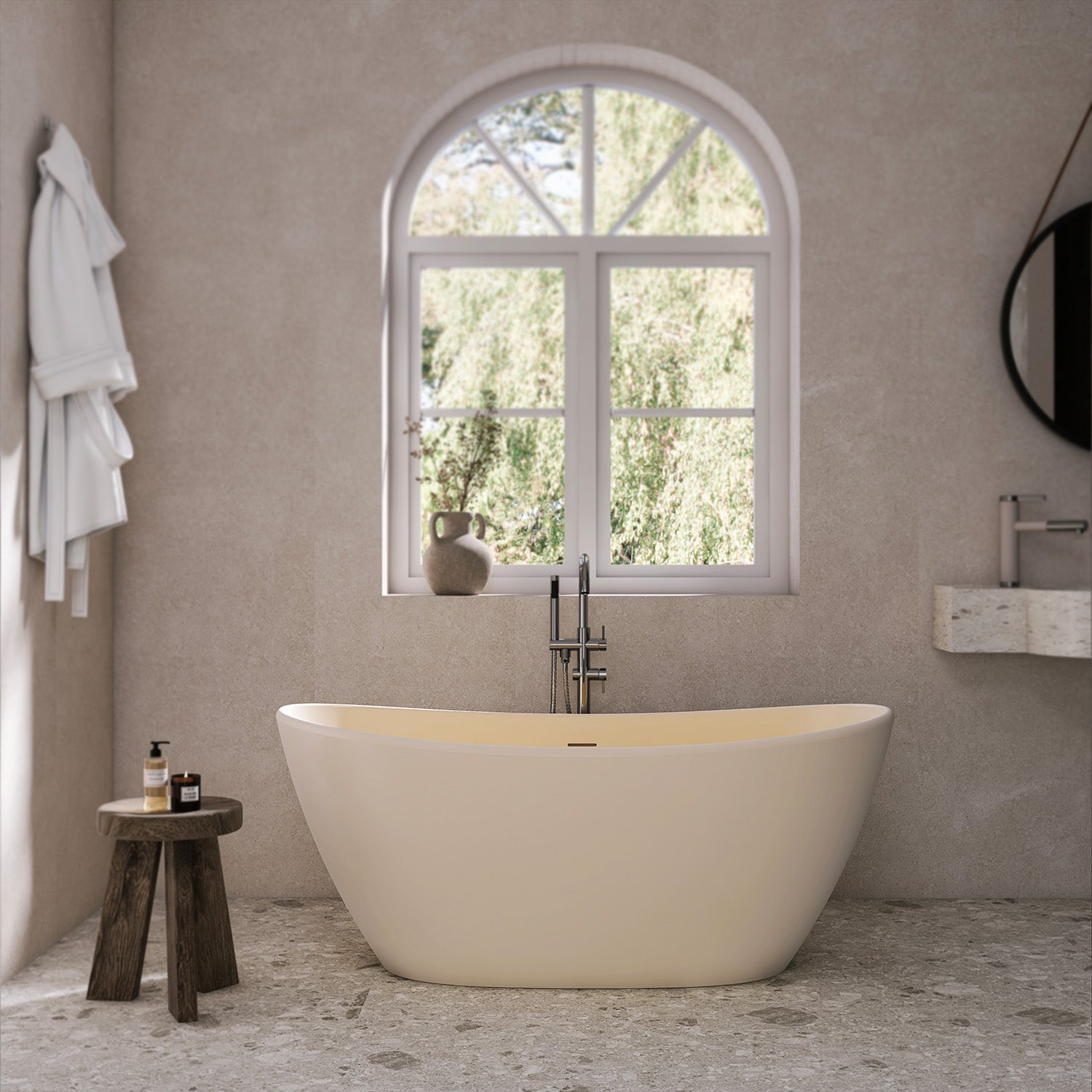 61 in. Oval Solid Surface Freestanding Soaking Bathtub, Stone Resin Deep Soaking Tub with Center Drain