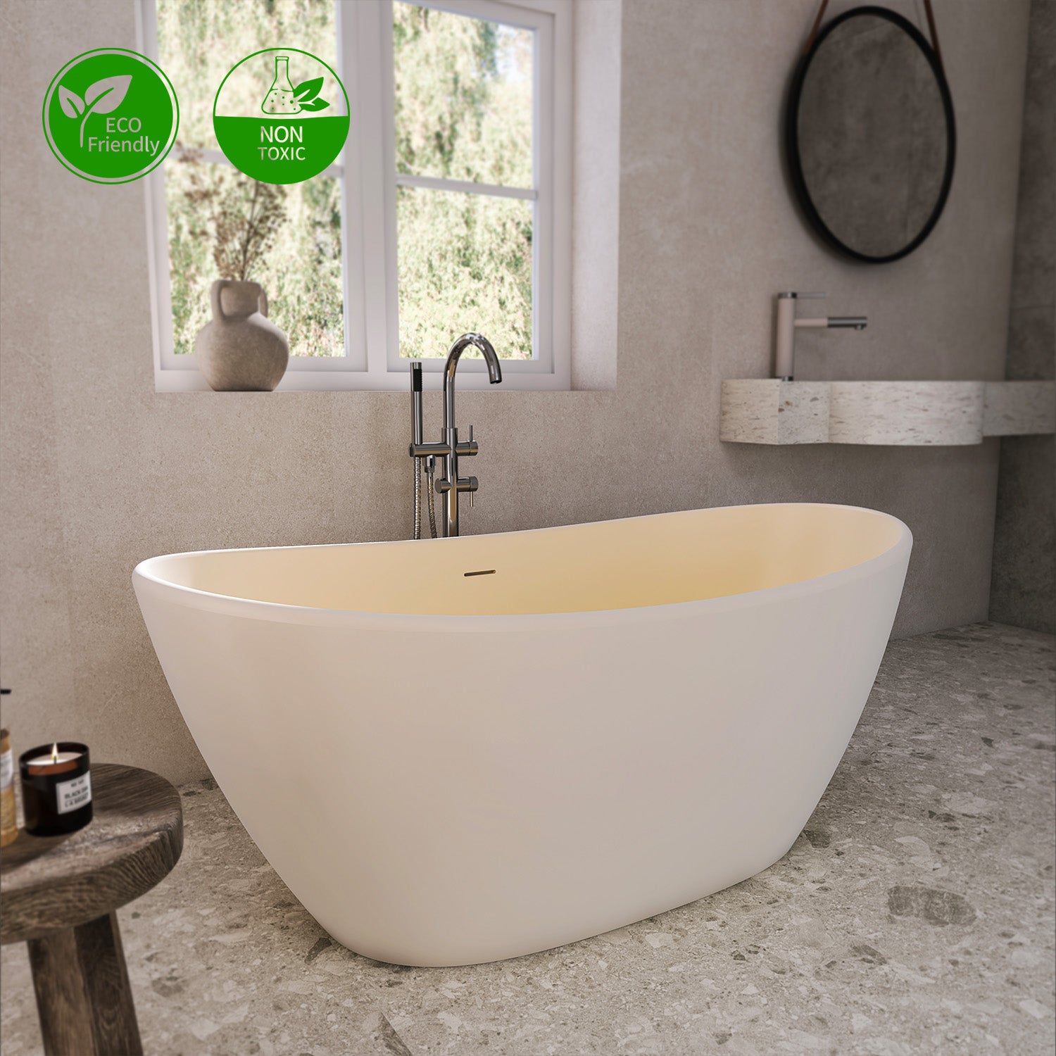 61 in. Oval Solid Surface Freestanding Soaking Bathtub, Stone Resin Deep Soaking Tub with Center Drain