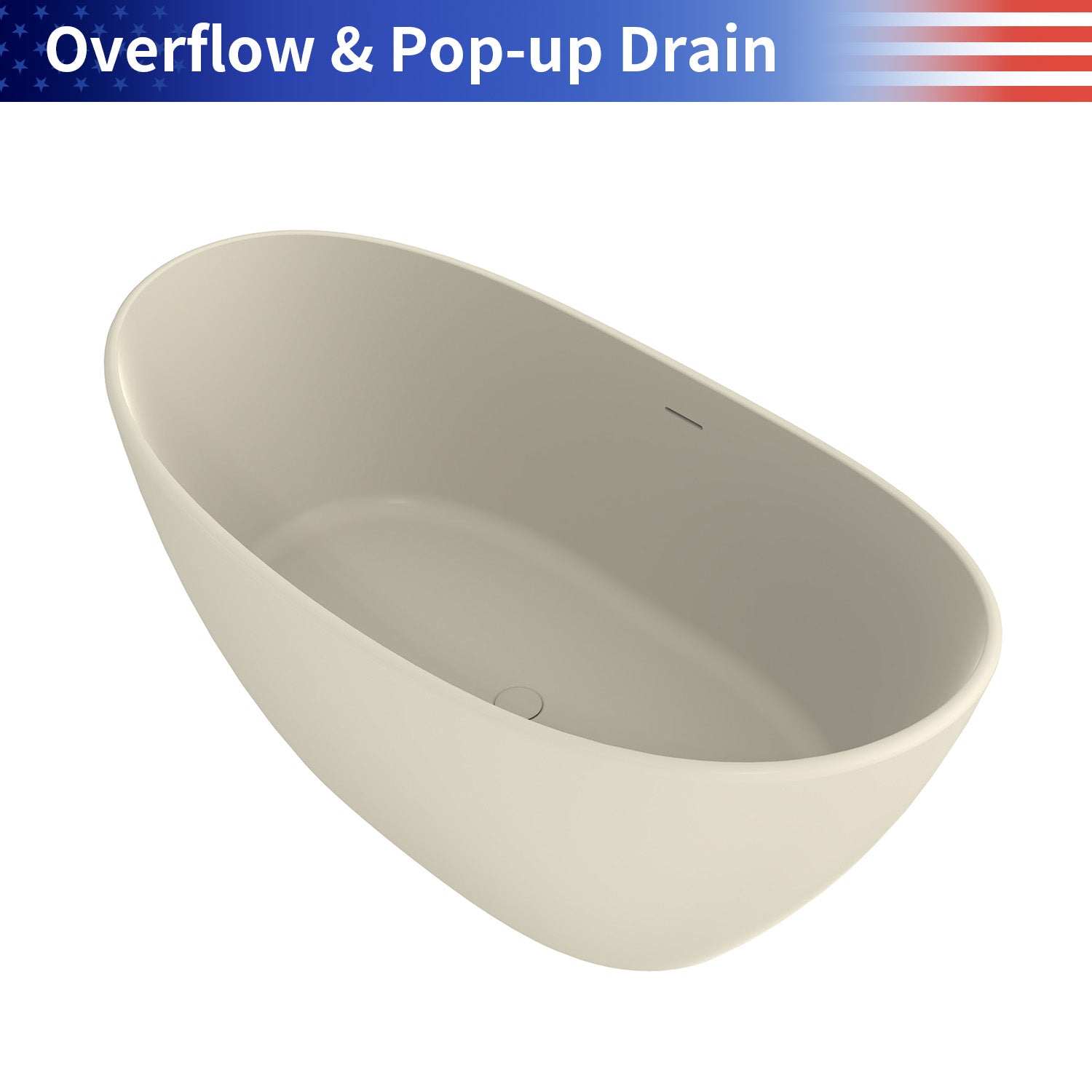 61 in. Oval Solid Surface Freestanding Soaking Bathtub, Stone Resin Deep Soaking Tub with Center Drain