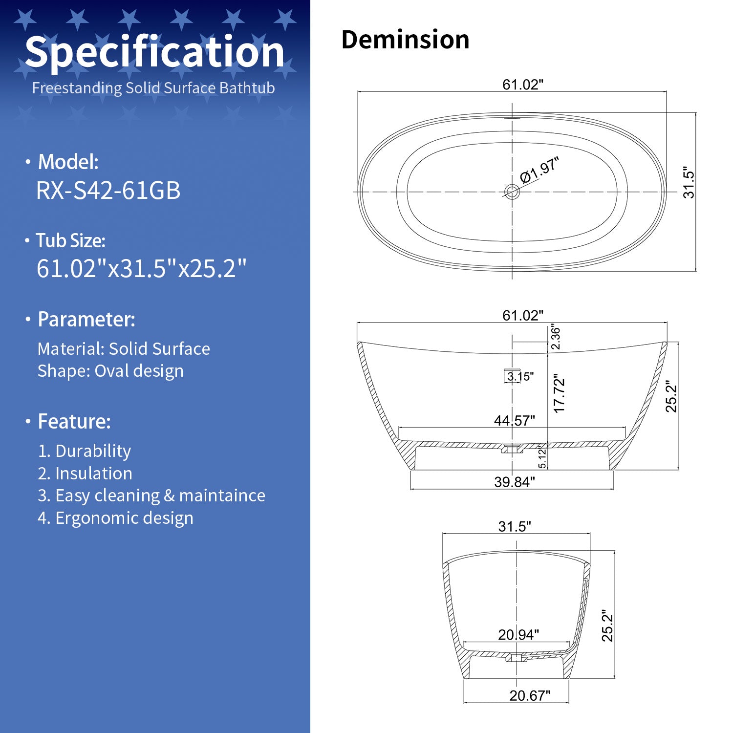 61 in. Oval Solid Surface Freestanding Soaking Bathtub, Stone Resin Deep Soaking Tub with Center Drain
