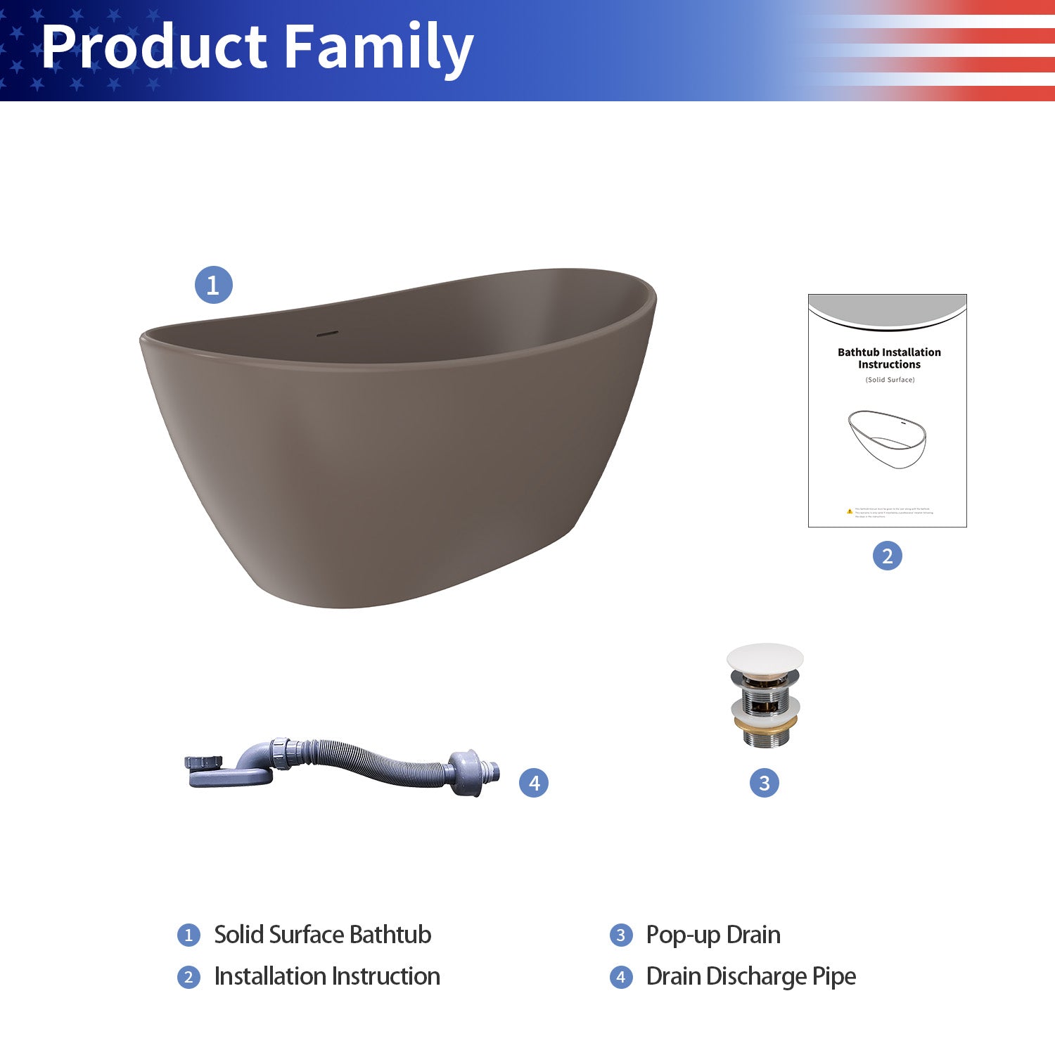 61 in. Oval Solid Surface Freestanding Soaking Bathtub, Stone Resin Deep Soaking Tub with Center Drain