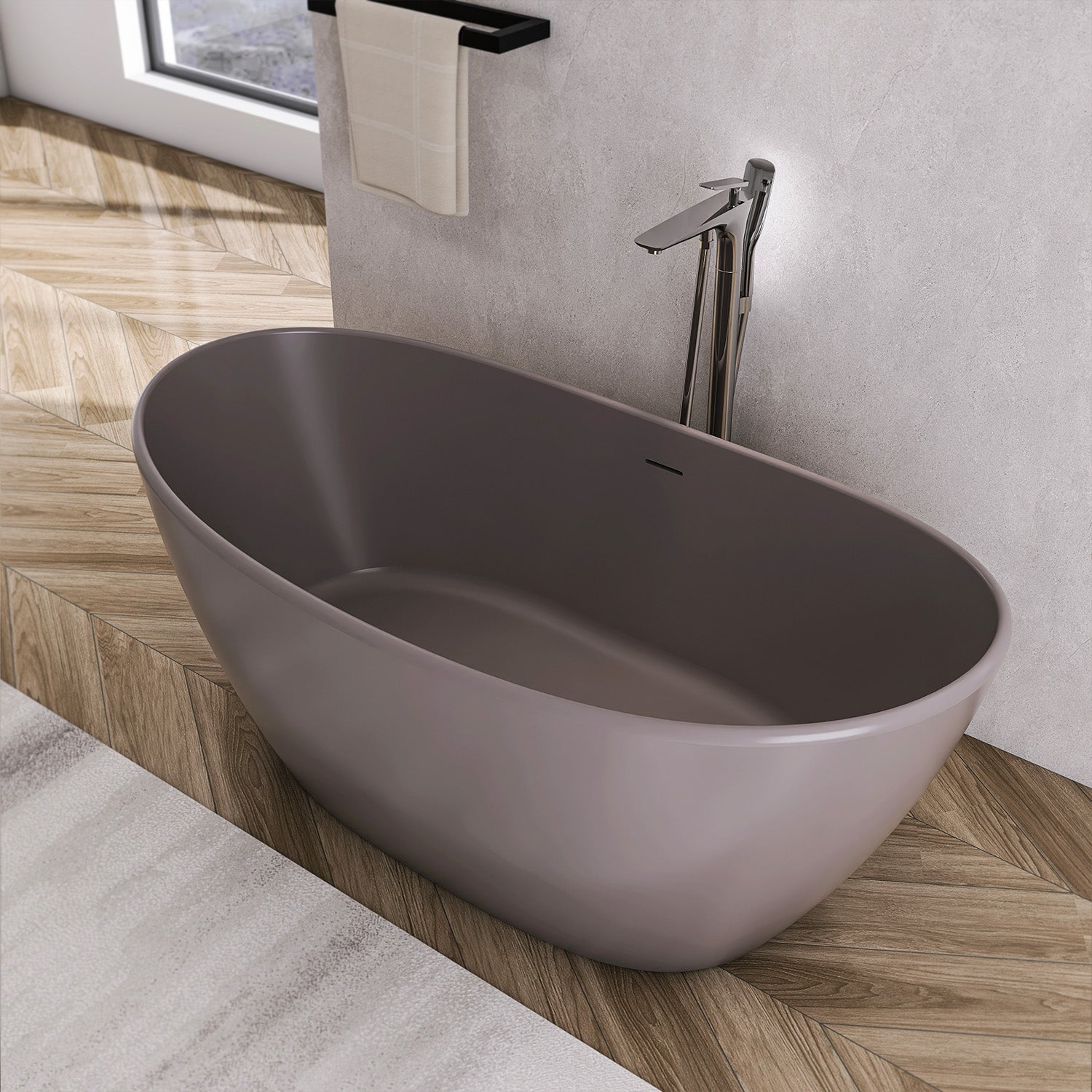 61 in. Oval Solid Surface Freestanding Soaking Bathtub, Stone Resin Deep Soaking Tub with Center Drain