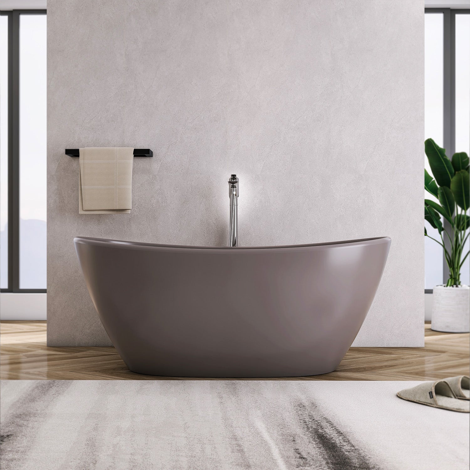 61 in. Oval Solid Surface Freestanding Soaking Bathtub, Stone Resin Deep Soaking Tub with Center Drain