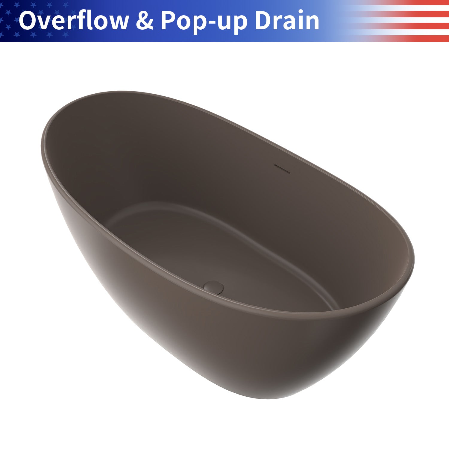 61 in. Oval Solid Surface Freestanding Soaking Bathtub, Stone Resin Deep Soaking Tub with Center Drain