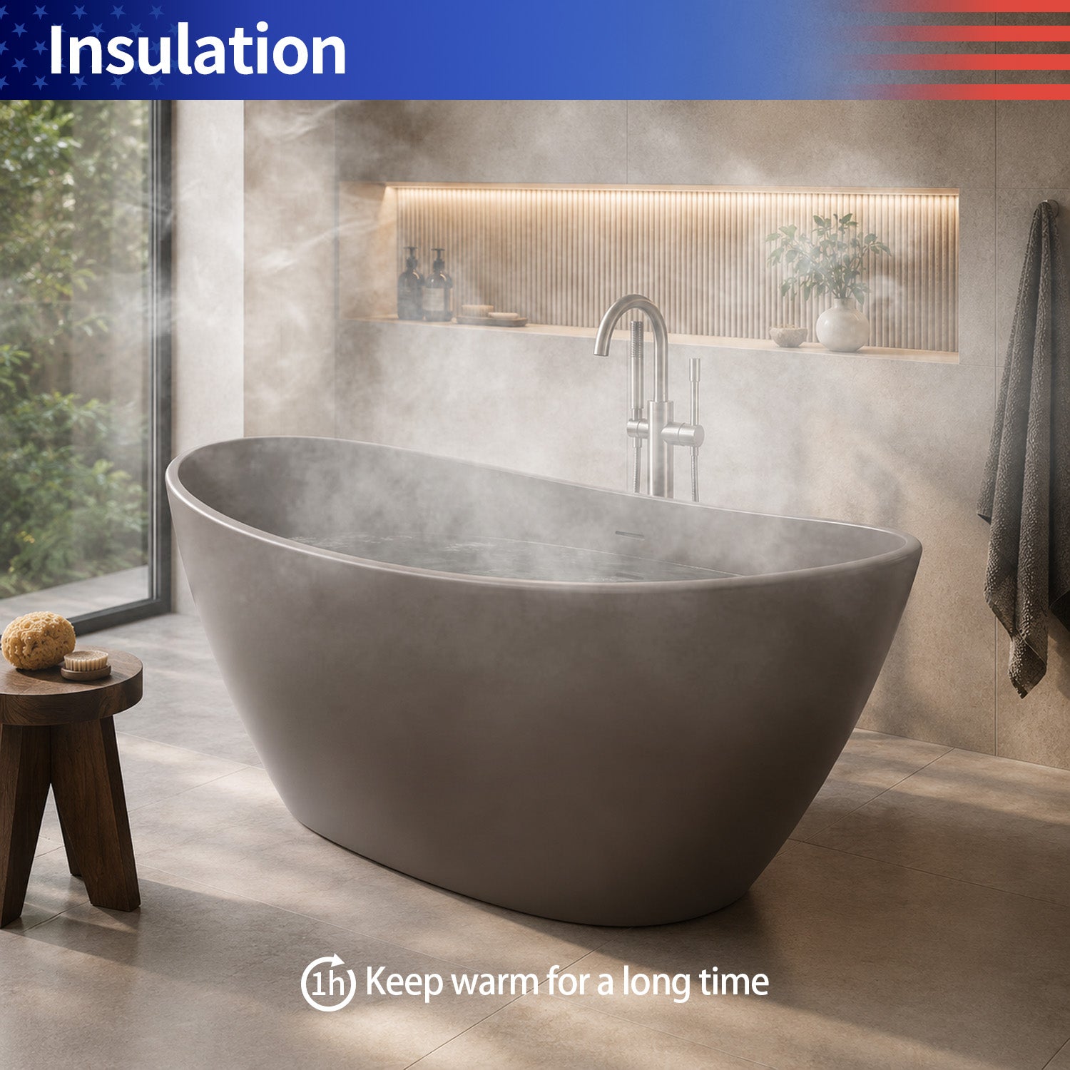 61 in. Oval Solid Surface Freestanding Soaking Bathtub, Stone Resin Deep Soaking Tub with Center Drain