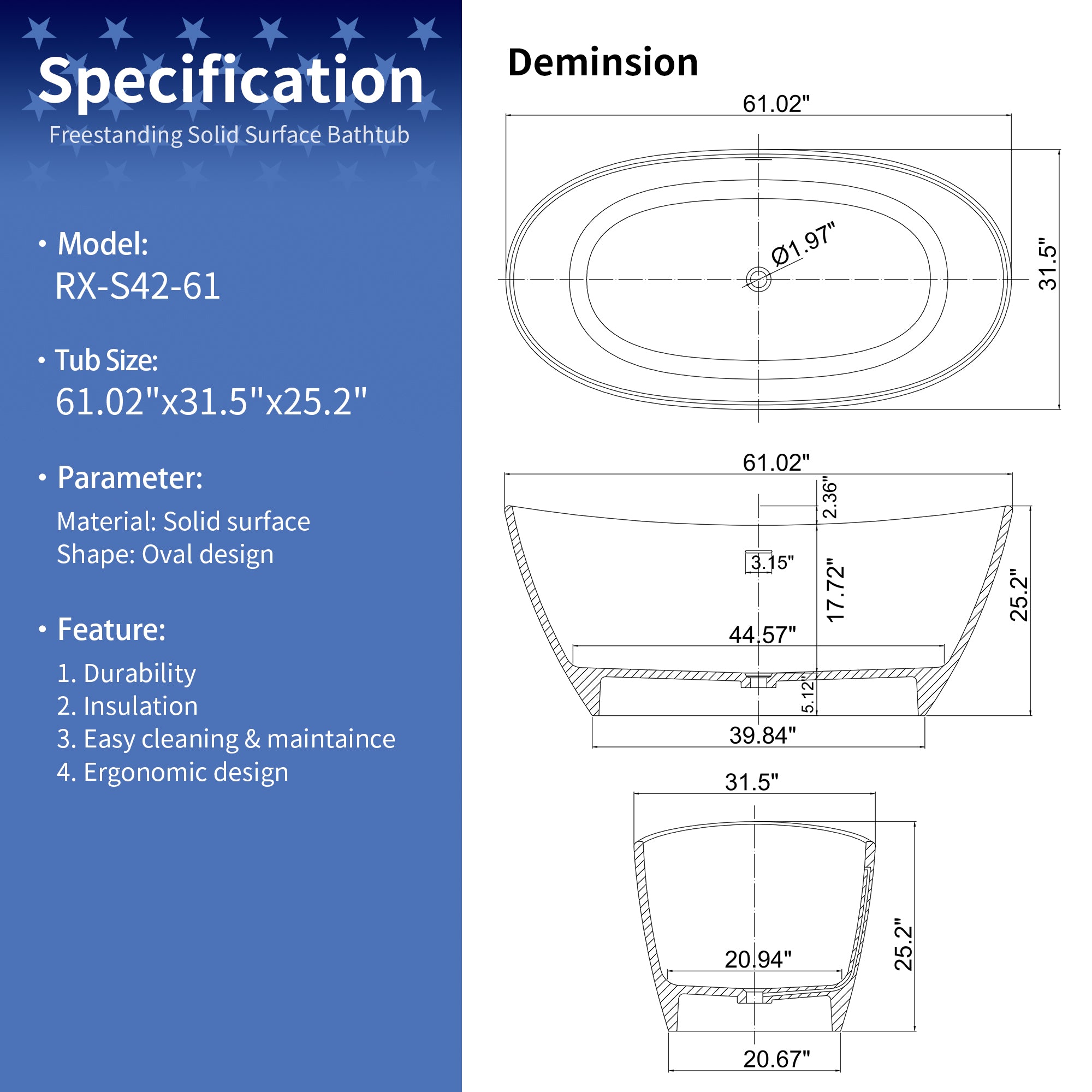 61 in. Oval Solid Surface Freestanding Soaking Bathtub, Stone Resin Deep Soaking Tub with Center Drain