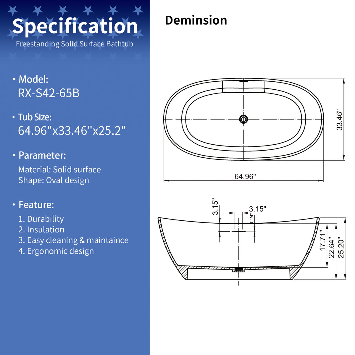 RAINLEX 65 in. Oval Solid Surface Freestanding Soaking Bathtub with Center Drain
