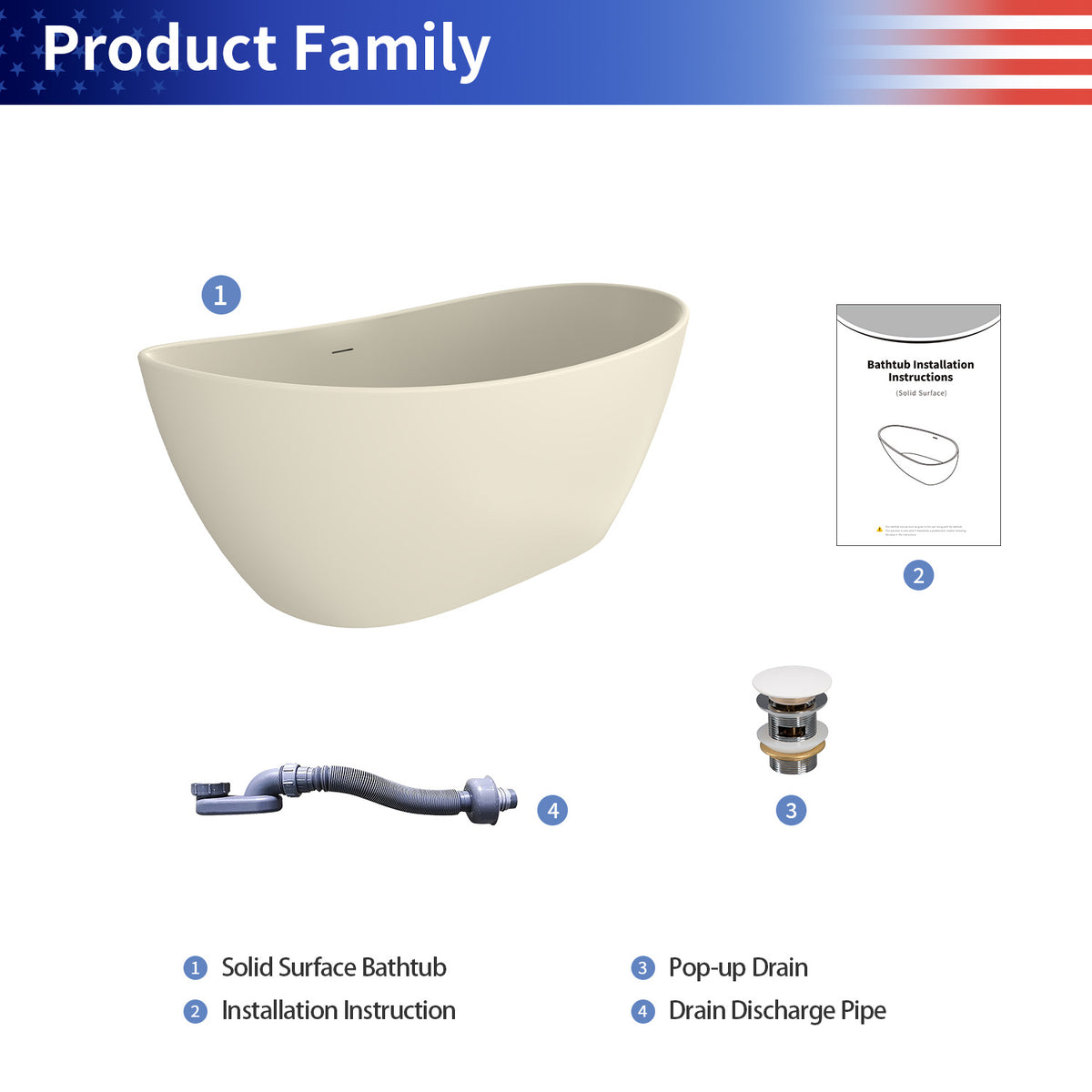 RAINLEX 65 in. Oval Solid Surface Freestanding Soaking Bathtub with Center Drain