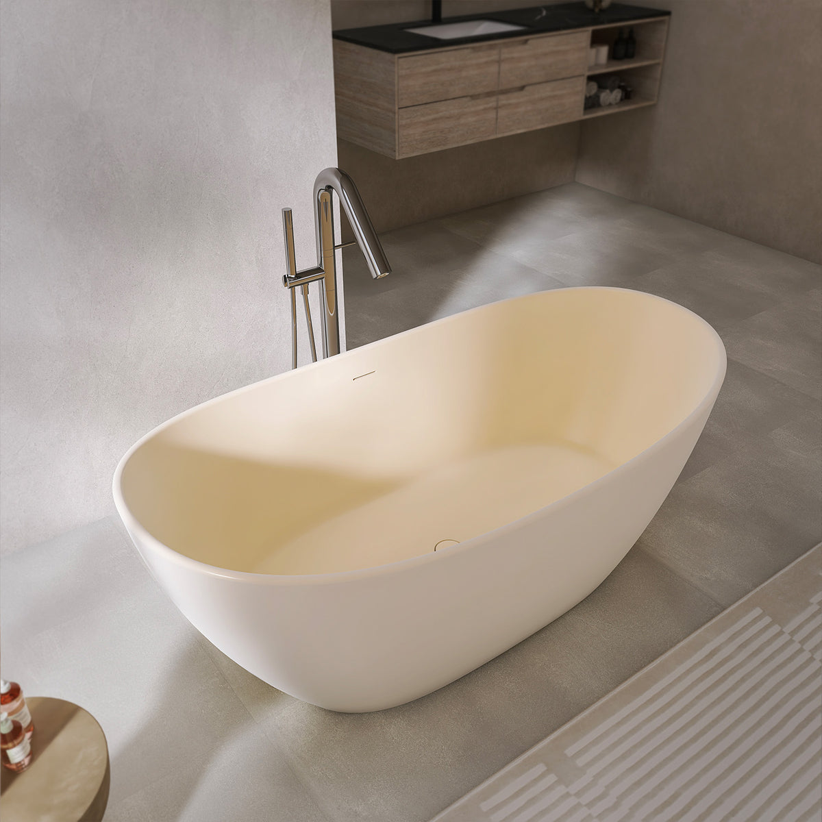 RAINLEX 65 in. Oval Solid Surface Freestanding Soaking Bathtub with Center Drain