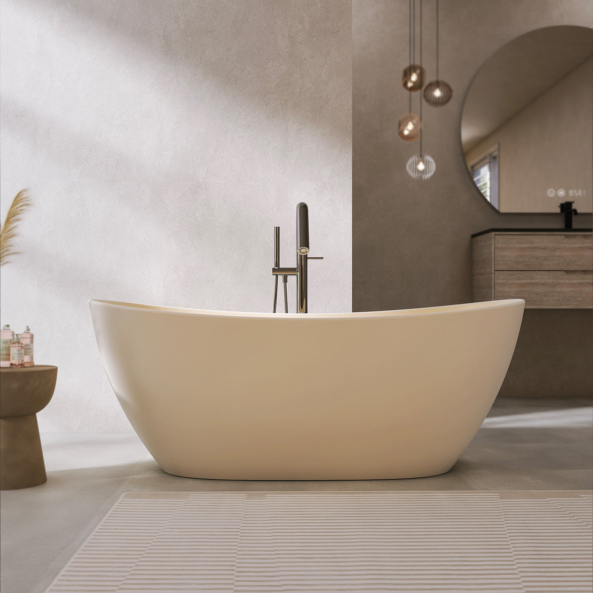 RAINLEX 65 in. Oval Solid Surface Freestanding Soaking Bathtub with Center Drain