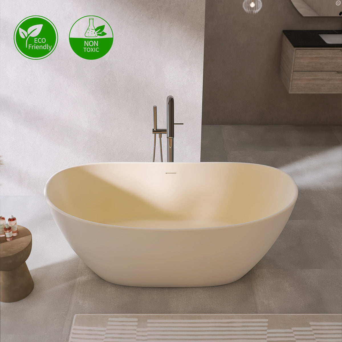 RAINLEX 65 in. Oval Solid Surface Freestanding Soaking Bathtub with Center Drain