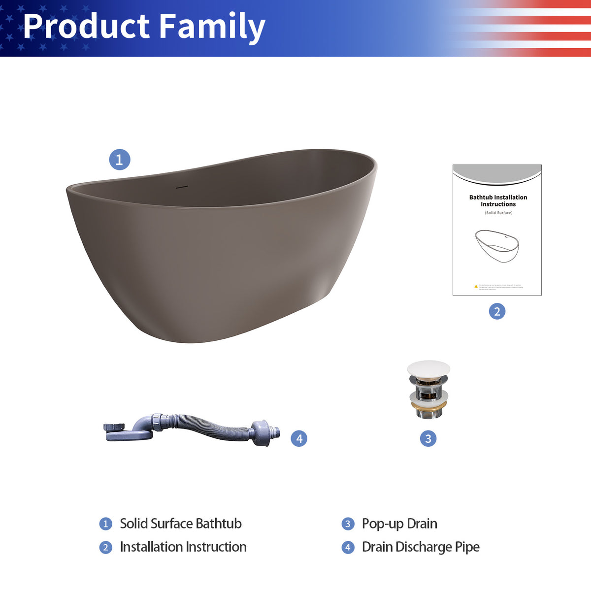 RAINLEX 65 in. Oval Solid Surface Freestanding Soaking Bathtub with Center Drain