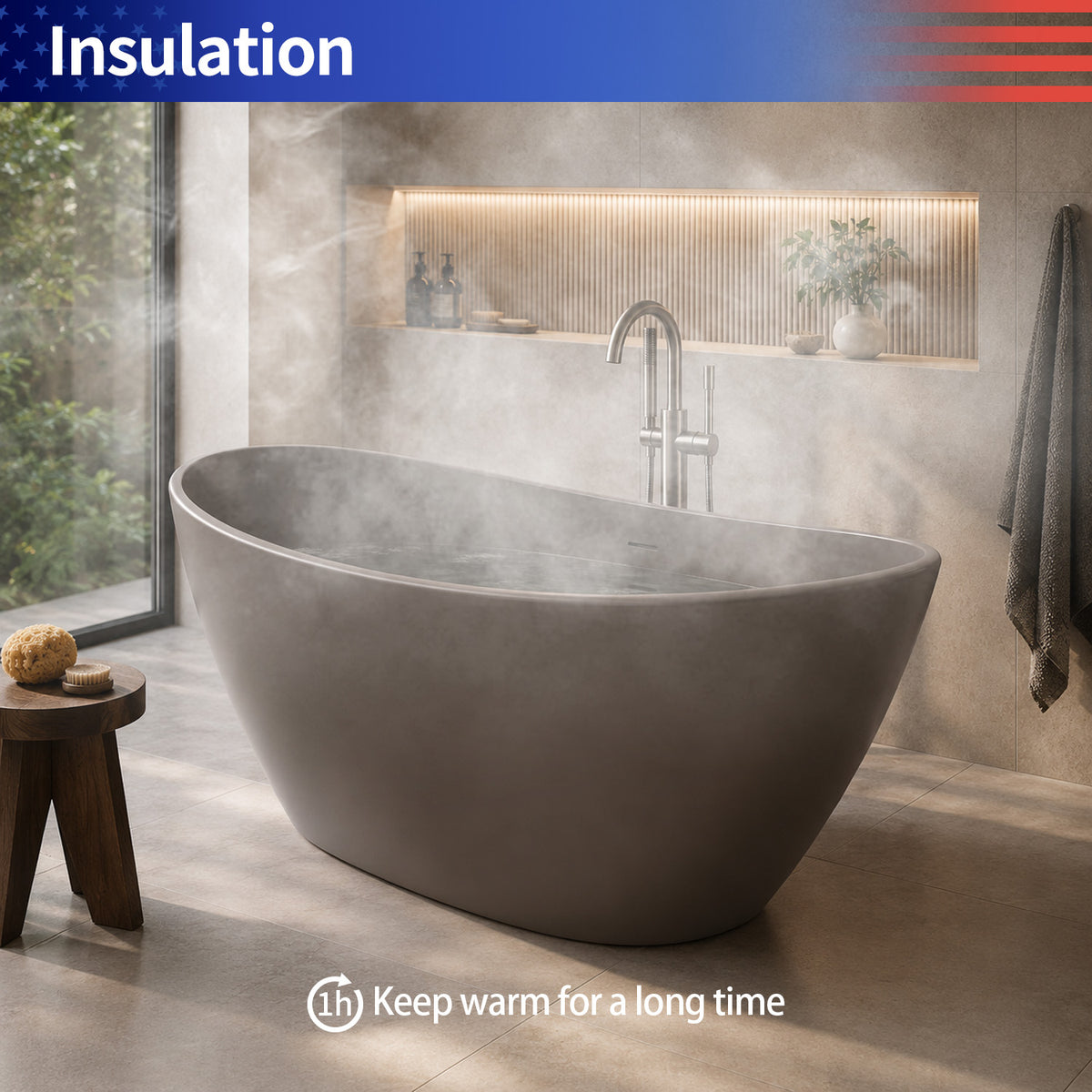 RAINLEX 65 in. Oval Solid Surface Freestanding Soaking Bathtub with Center Drain