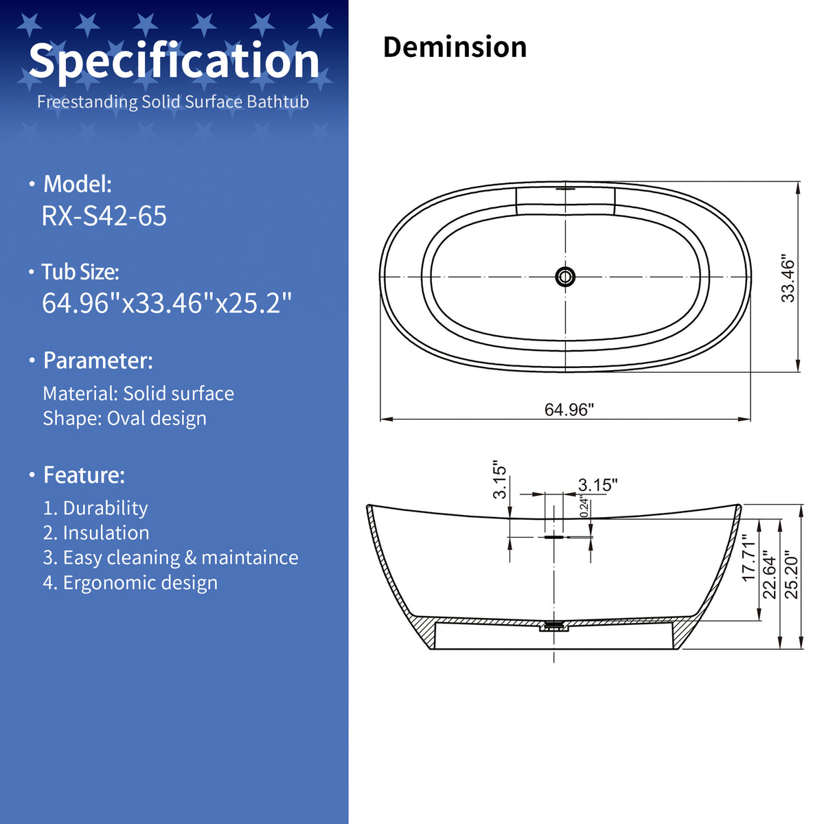 RAINLEX 65 in. Oval Solid Surface Freestanding Soaking Bathtub with Center Drain
