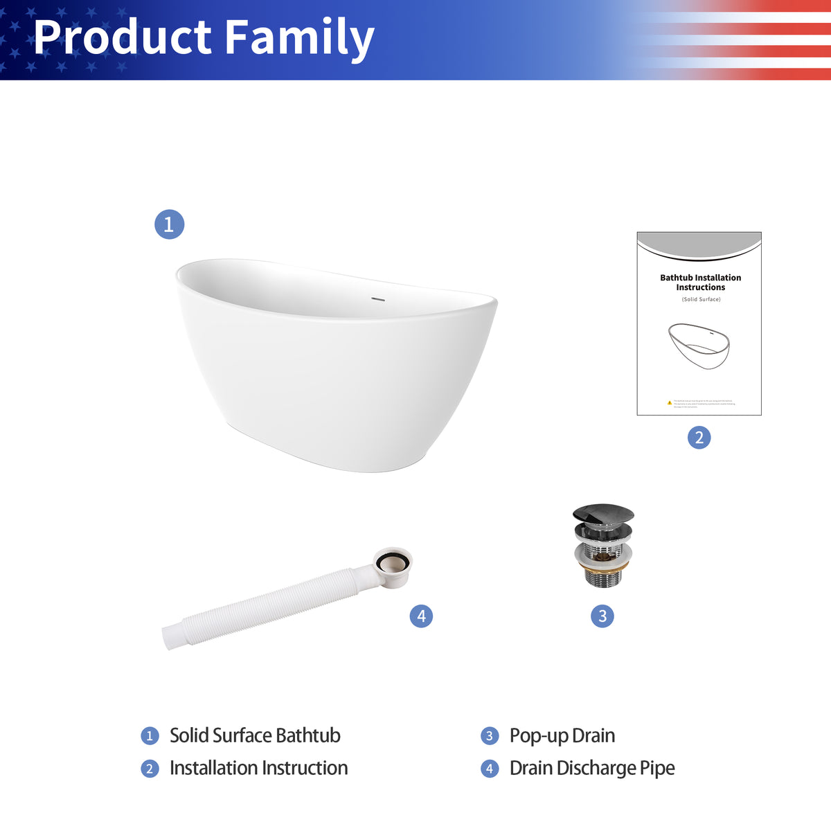 RAINLEX 65 in. Oval Solid Surface Freestanding Soaking Bathtub with Center Drain