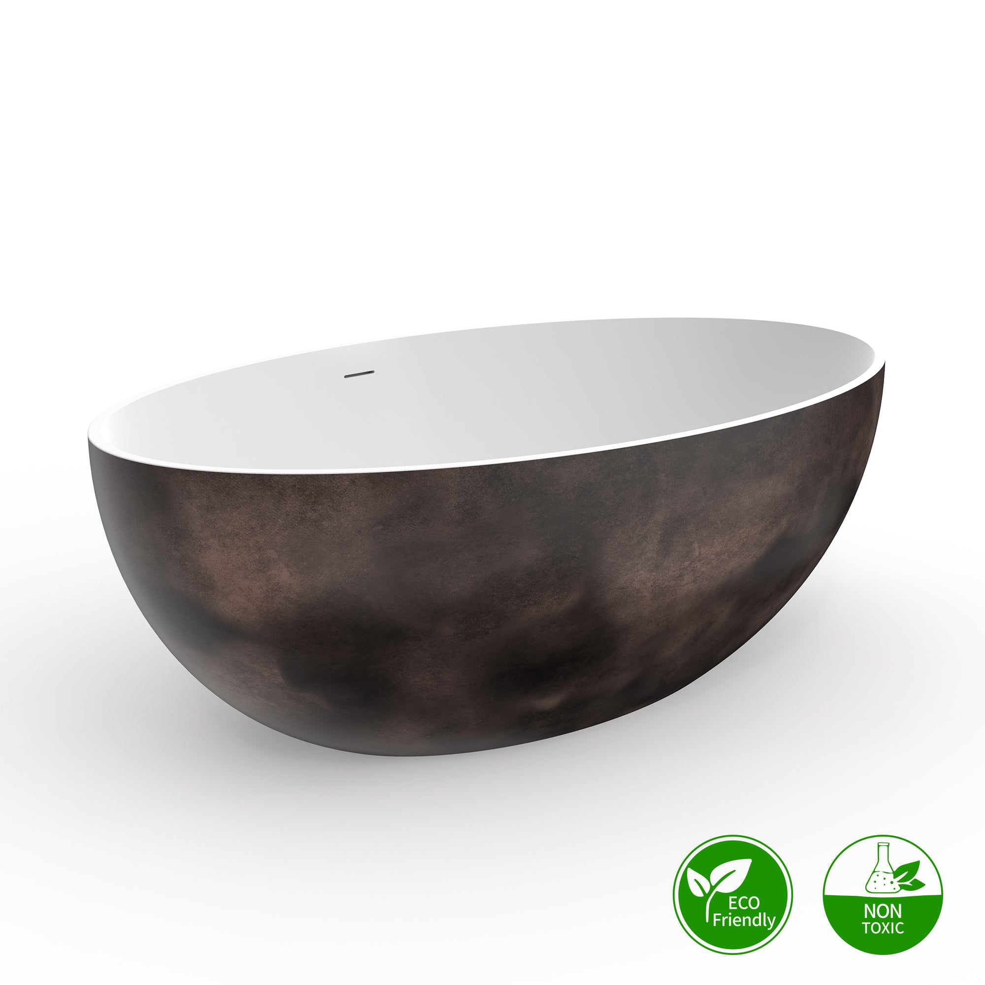 67" Solid Surface Freestanding Soaking Bathtub, Walnut Accent