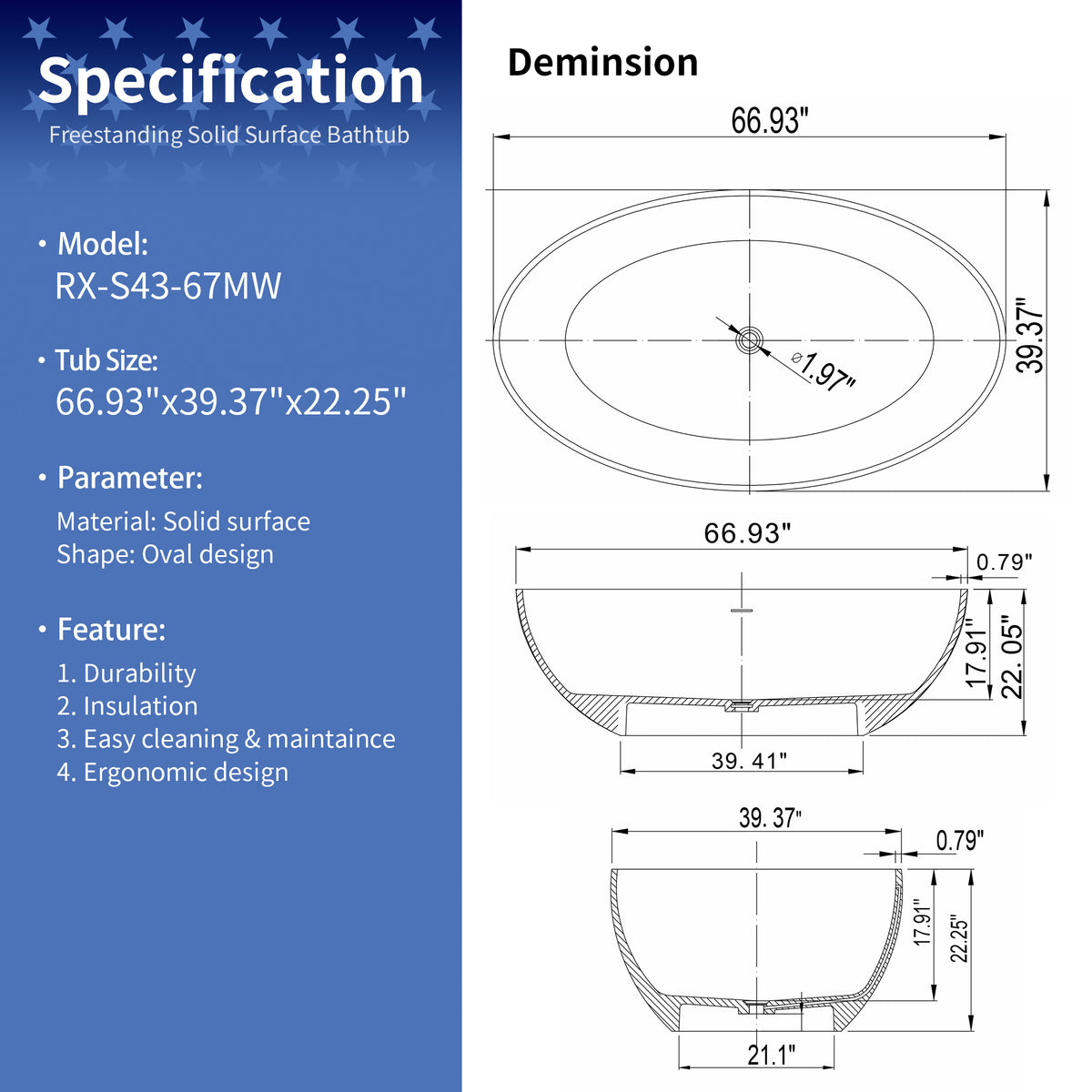 67" Solid Surface Freestanding Soaking Bathtub, Walnut Accent