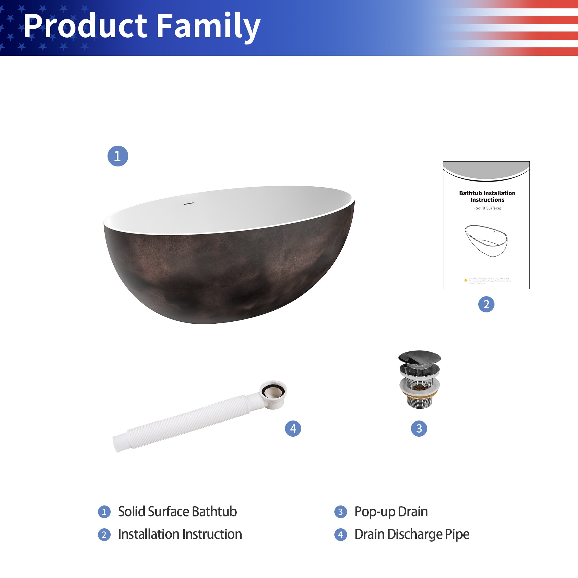 67" Solid Surface Freestanding Soaking Bathtub, Walnut Accent
