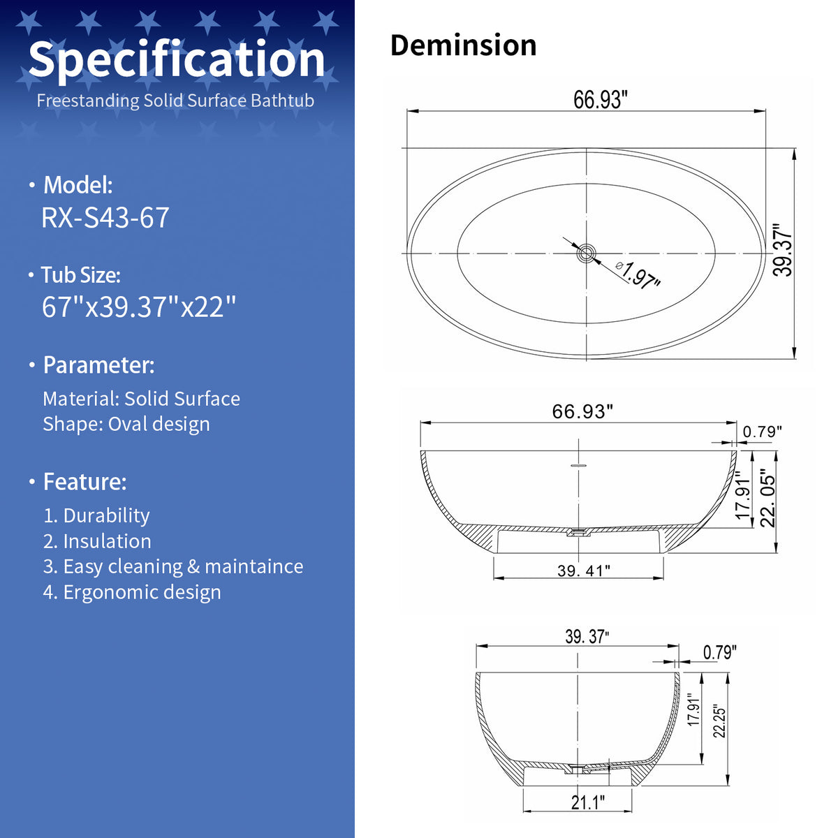 RAINLEX 67 in. Oval Solid Surface Freestanding Soaking Bathtub
