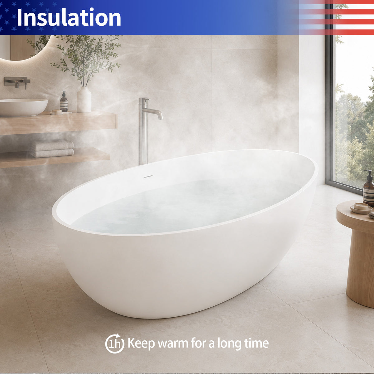 RAINLEX 67 in. Oval Solid Surface Freestanding Soaking Bathtub