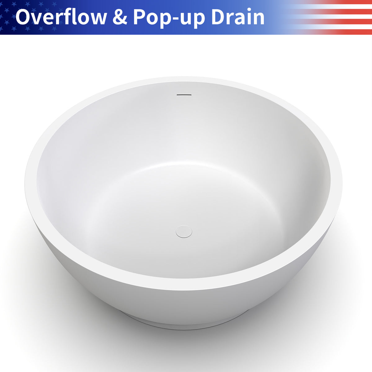 RAINLEX 53 in. Round Solid Surface Freestanding Soaking Bathtub, Matte White