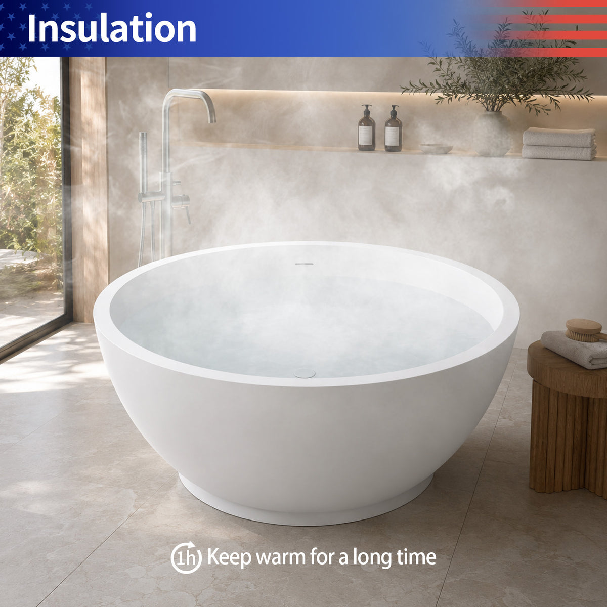 RAINLEX 53 in. Round Solid Surface Freestanding Soaking Bathtub, Matte White