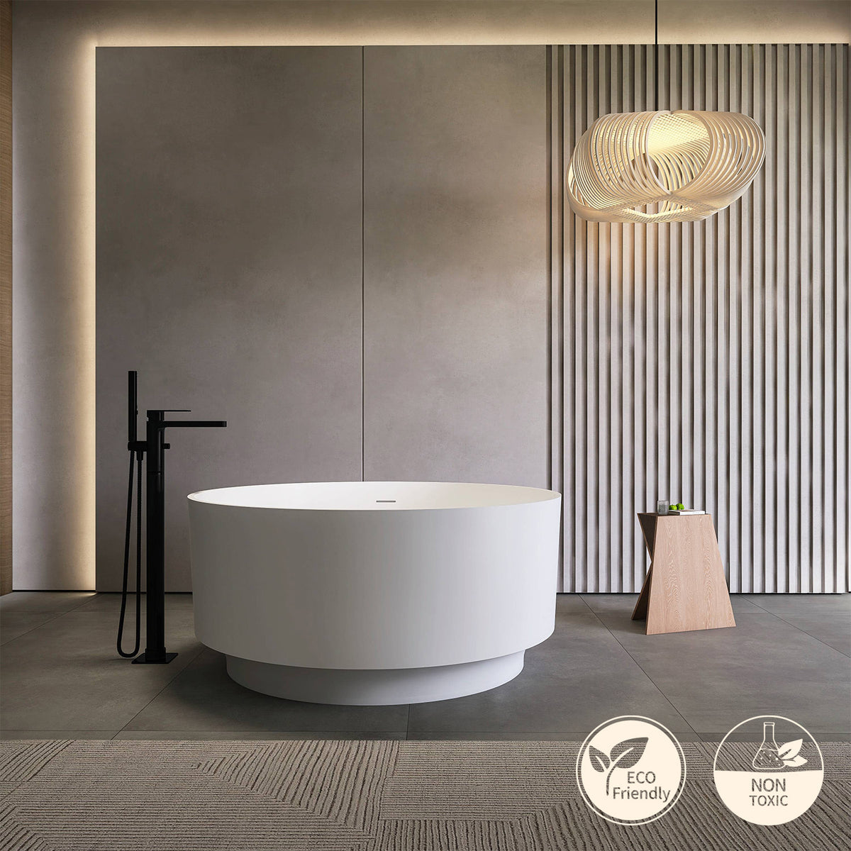 RAINLEX 49 in. Round Solid Surface Freestanding Soaking Bathtub